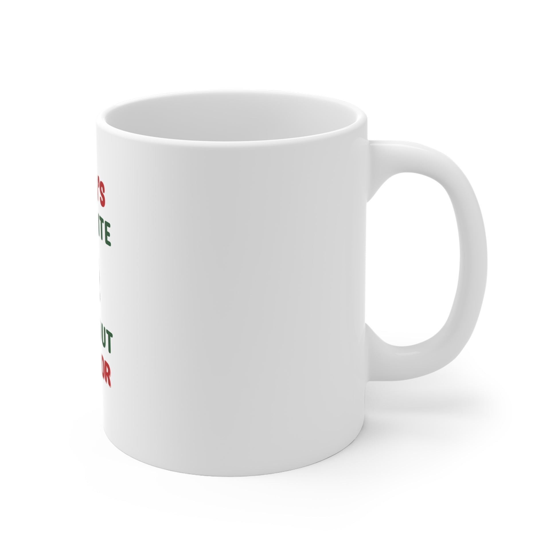 Right side view of white mug with 'Santa's Favorite Burnout Warrior' text and Santa Claus illustration on a white background