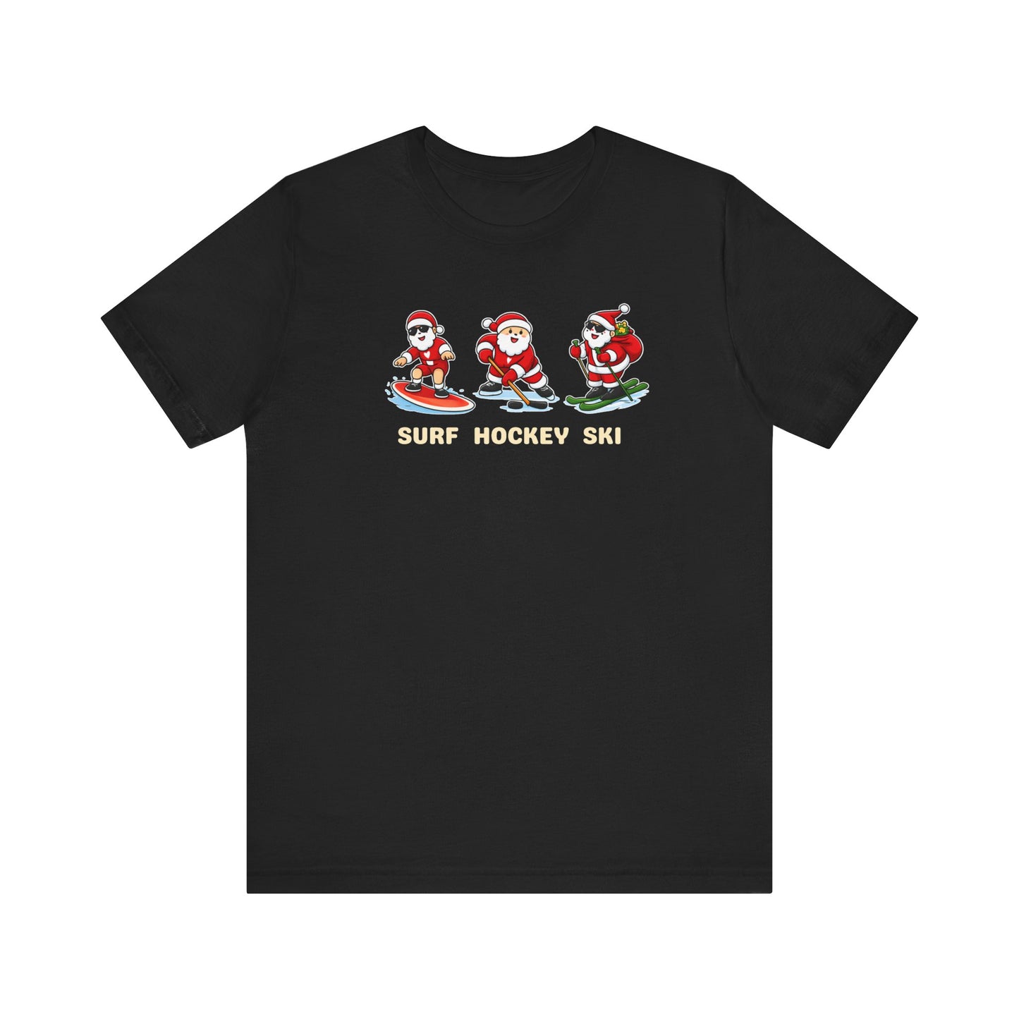 Black t-shirt with Santa Claus graphics and 'Surf Hockey Ski' text on a white background