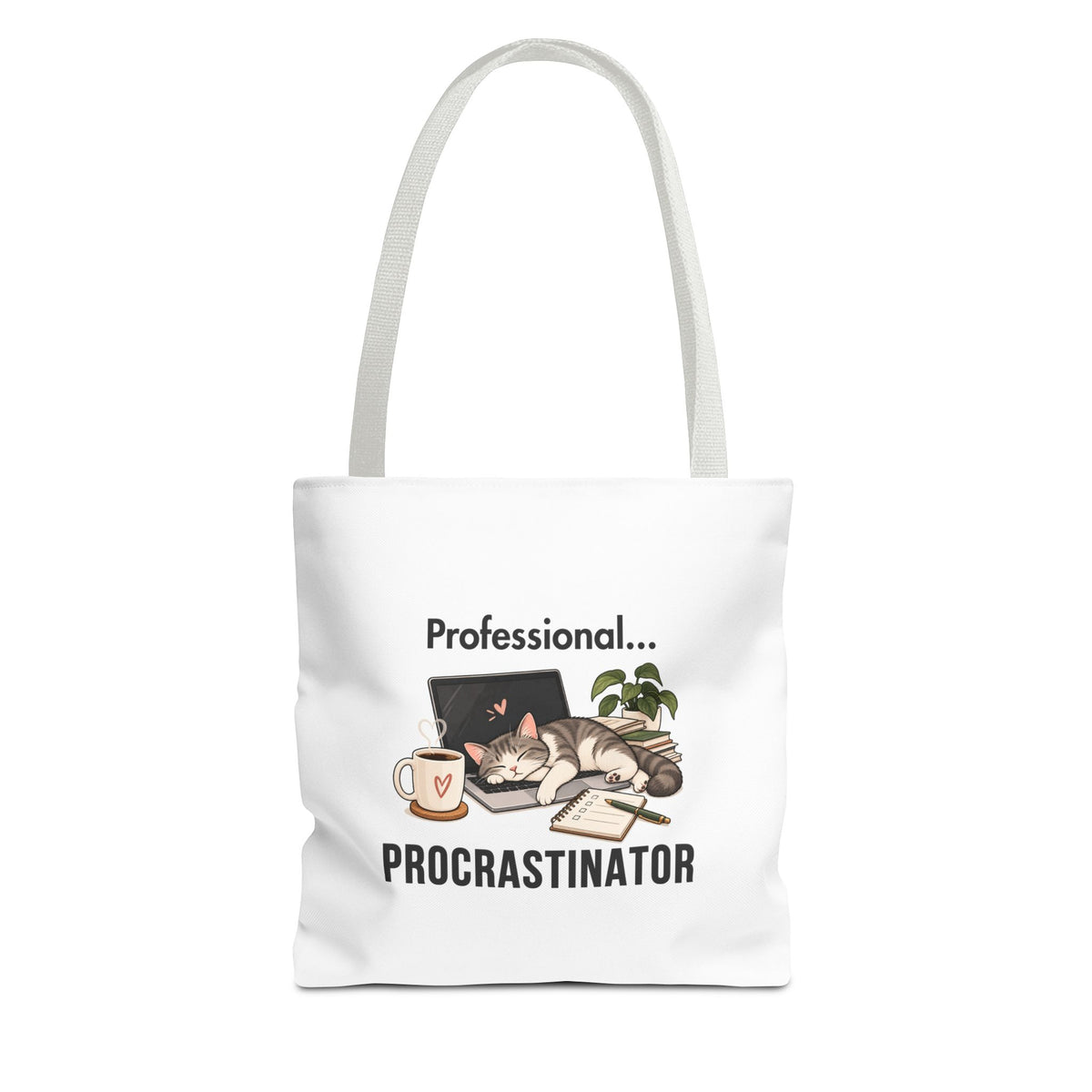 A white tote bag with white shoulder straps, featuring the text 'Professional Procrastinator'
