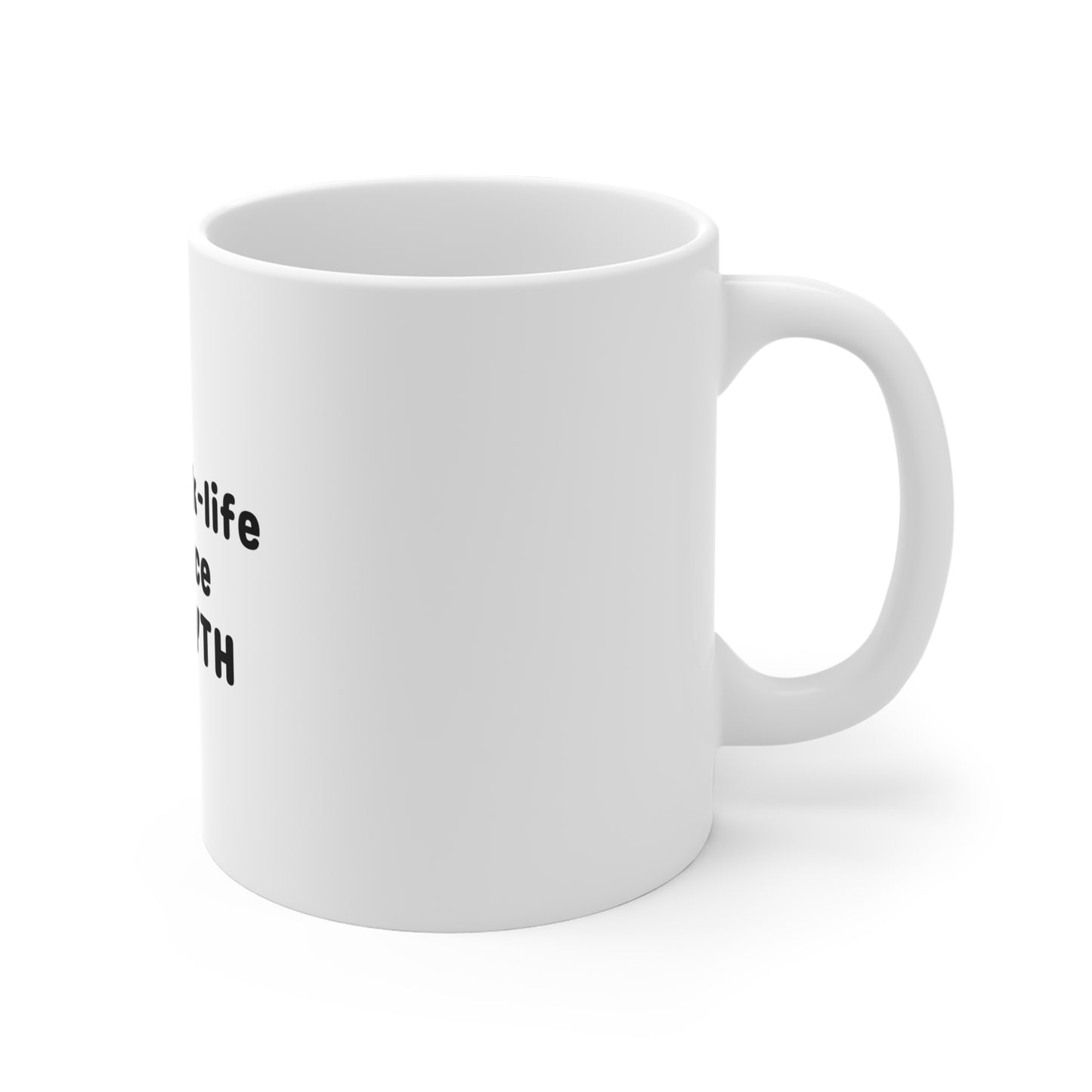 Right side of white mug with black text 'My work-life balance is a MYTH' on a white background