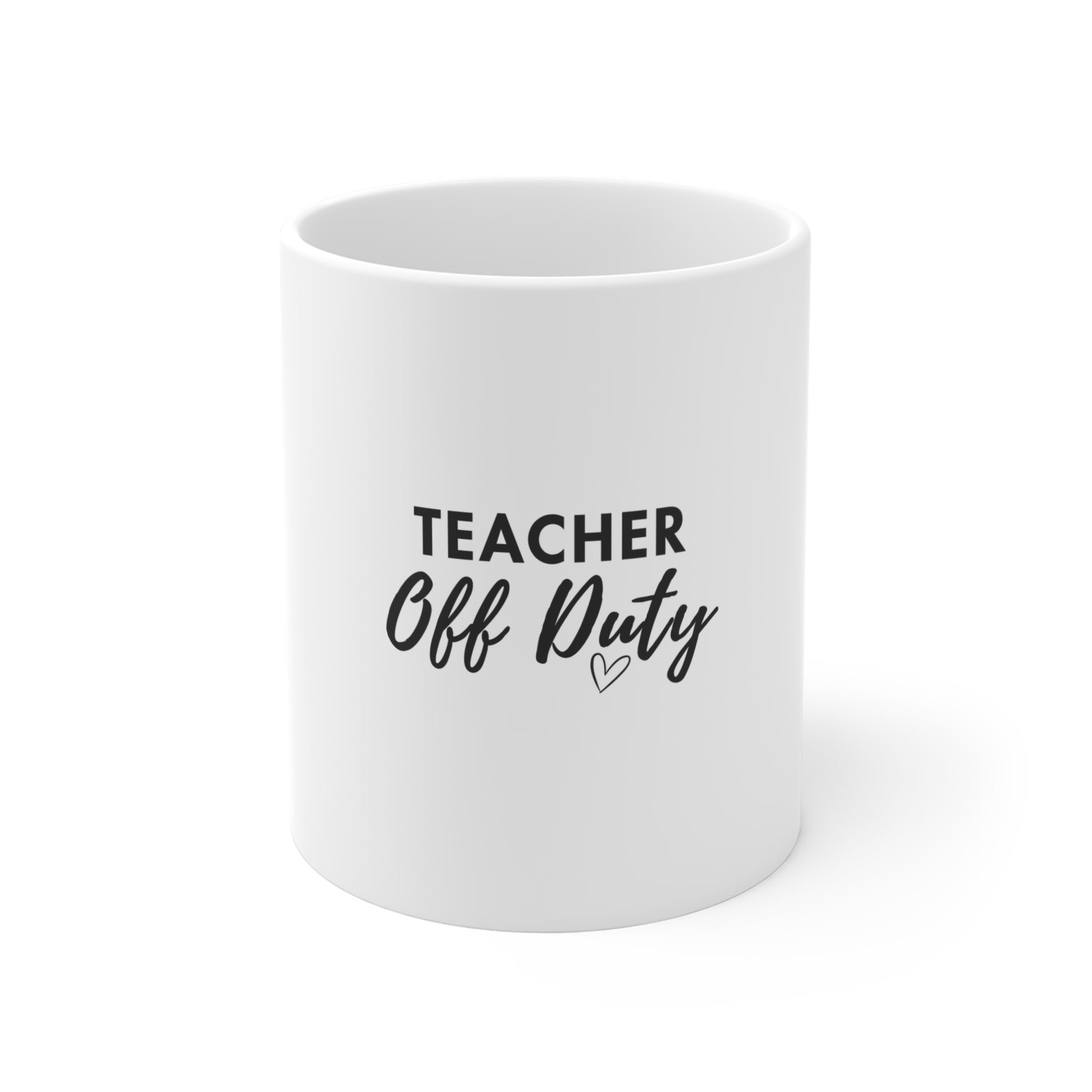 A white ceramic mug featuring the text 'TEACHER Off Duty' printed in black on the front, set against a clean white background.