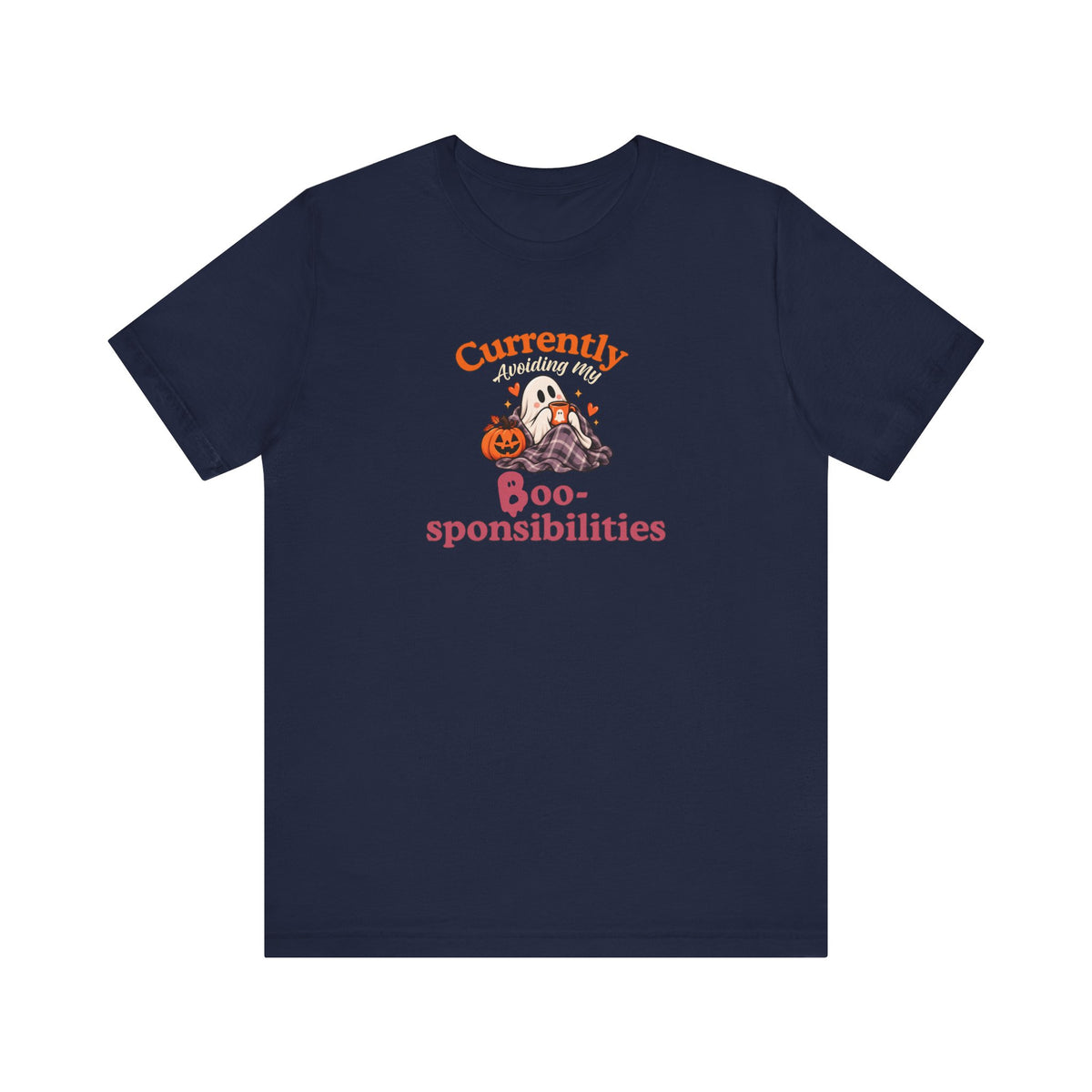 A navy t-shirt featuring a 'Currently Avoiding My Boo-sponsibilities' graphic with a ghost and a pumpkin on the white background