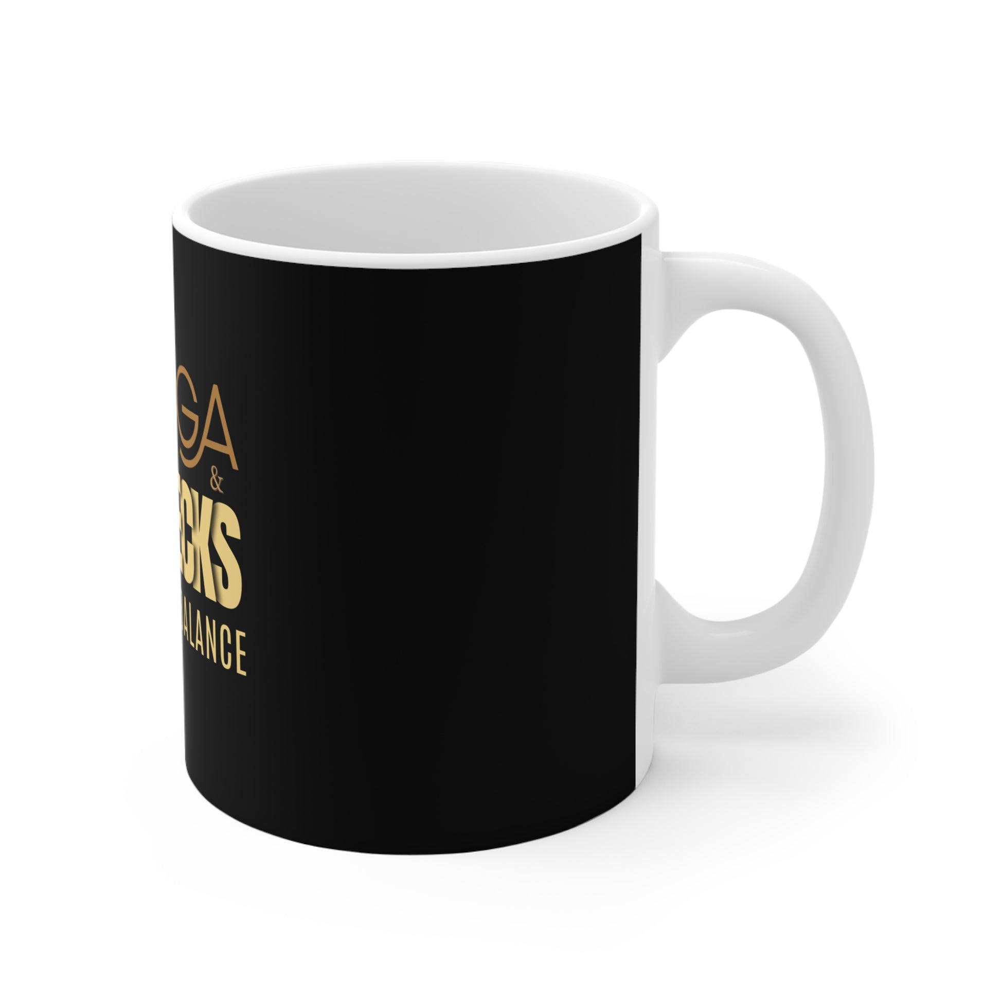 Right side view of black mug with gold text on a white background