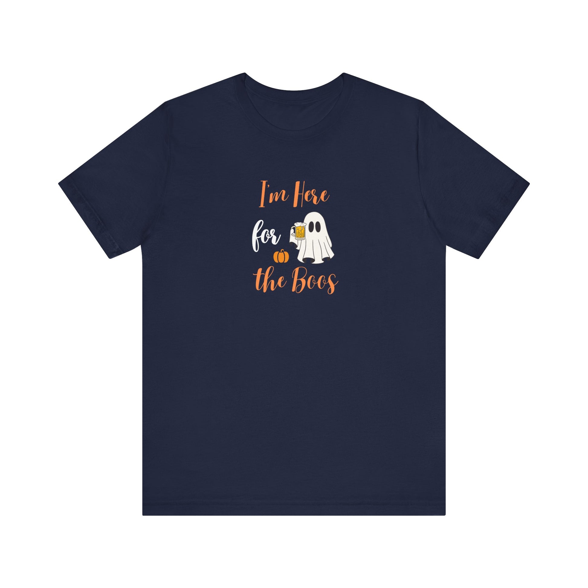 Navy blue t-shirt with Halloween-themed text and graphics on a white background