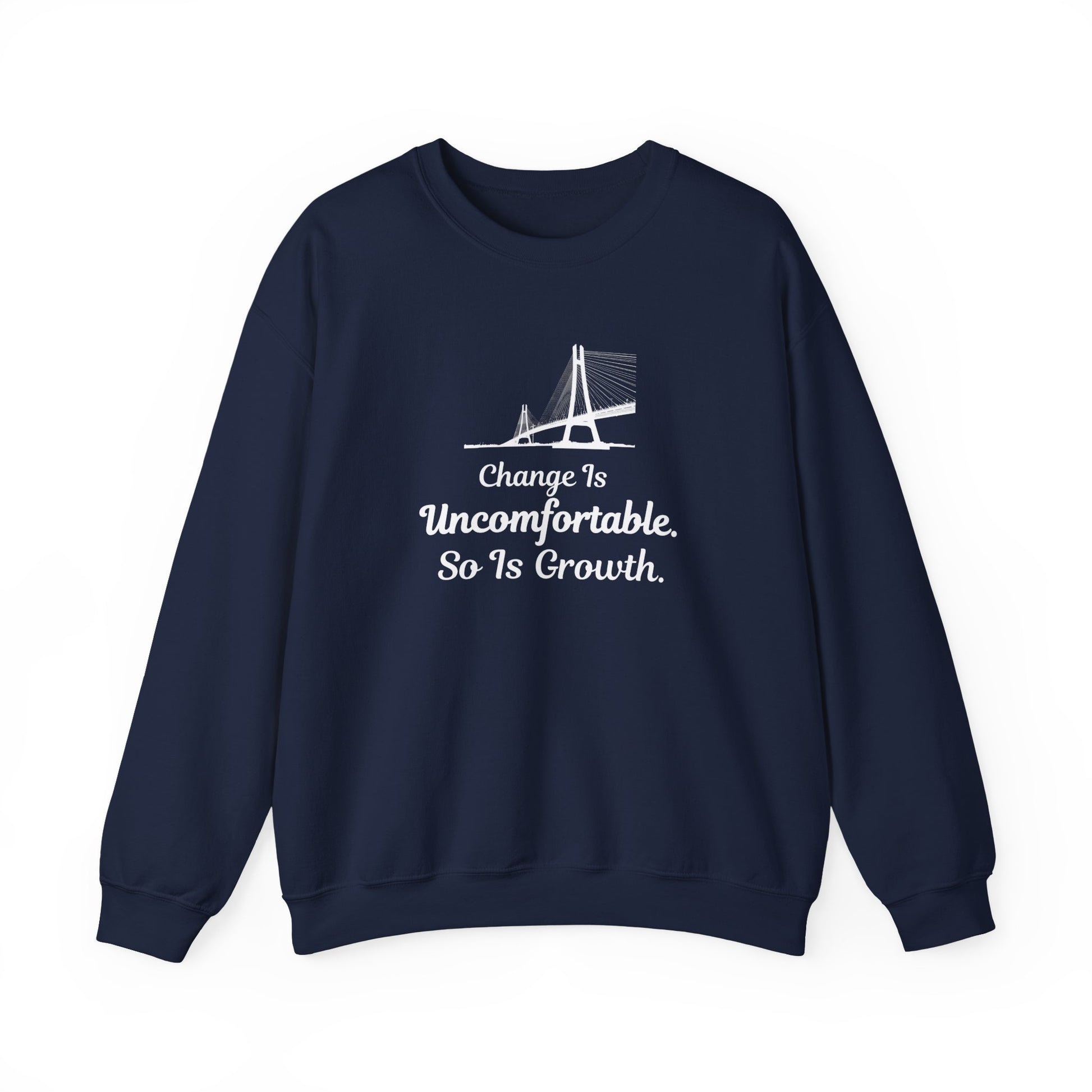 Navy sweatshirt with text 'Change Is Uncomfortable. So Is Growth' and graphic on a white background