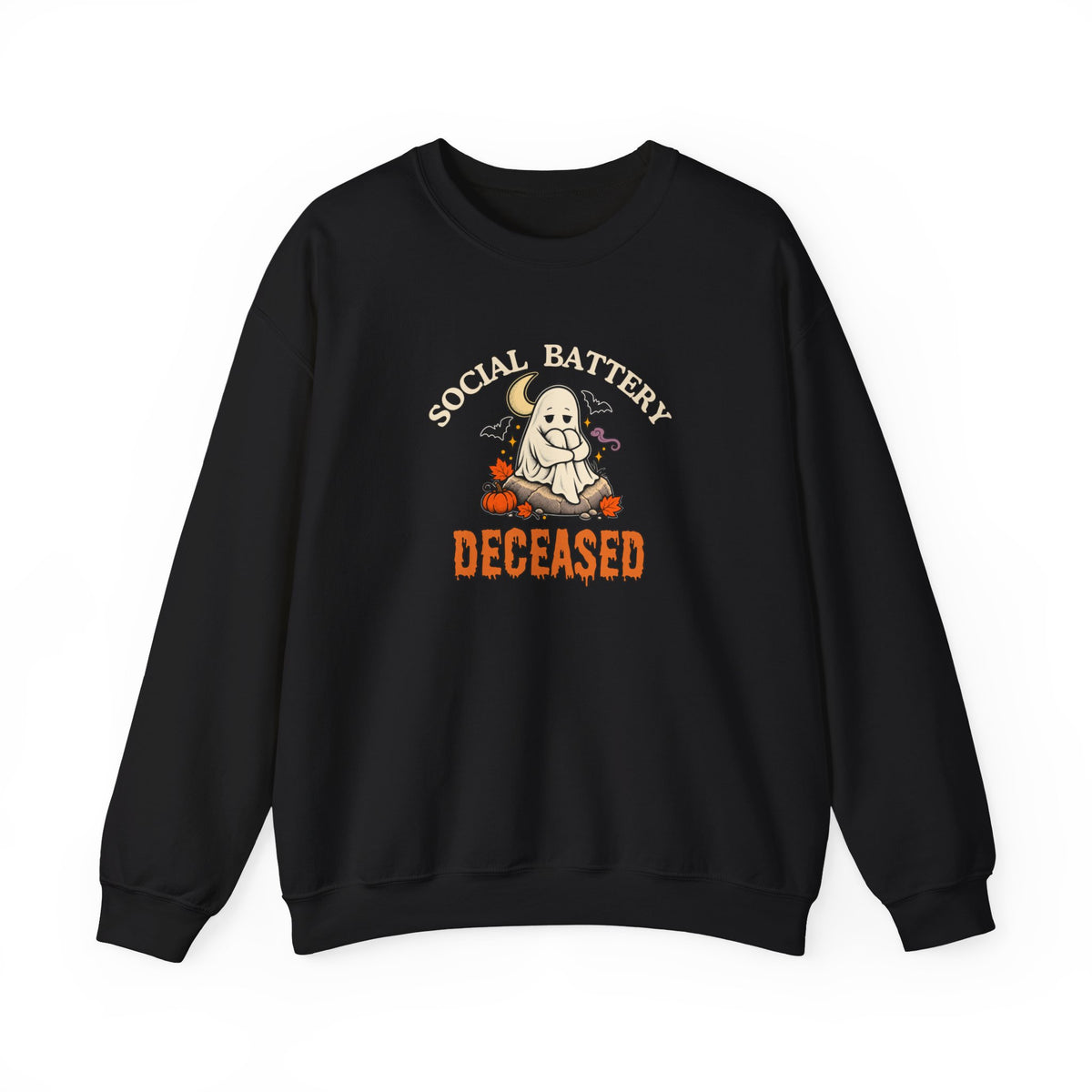 Black sweatshirt featuring the text 'Social Battery: Deceased' against on a white background