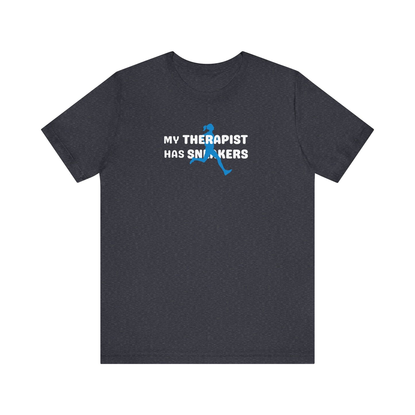 Heather navy t-shirt with text 'My Therapist Has Sneakers' on a white background