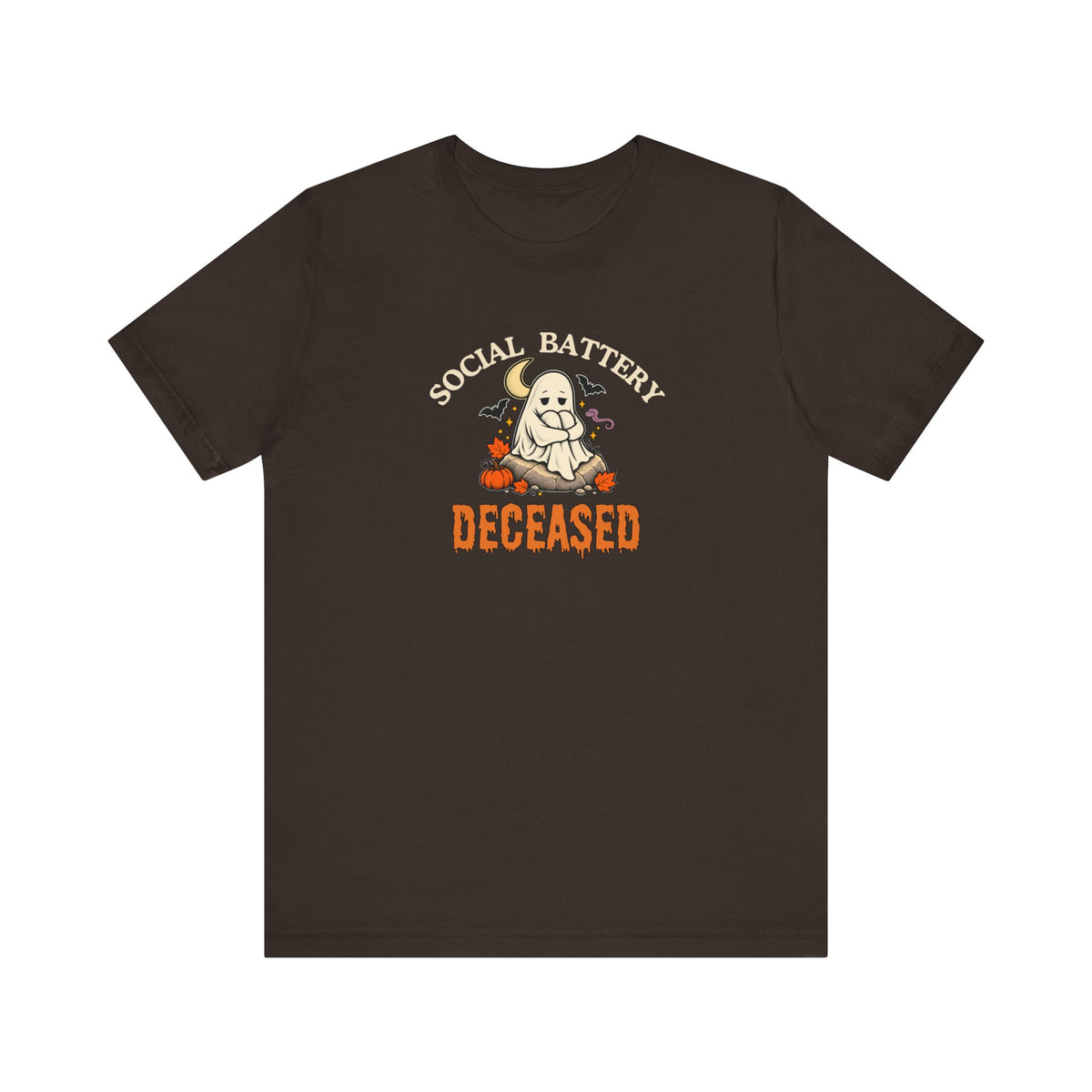 A brown t-shirt featuring a 'Social Battery: Deceased' graphic with a ghost and pumpkins