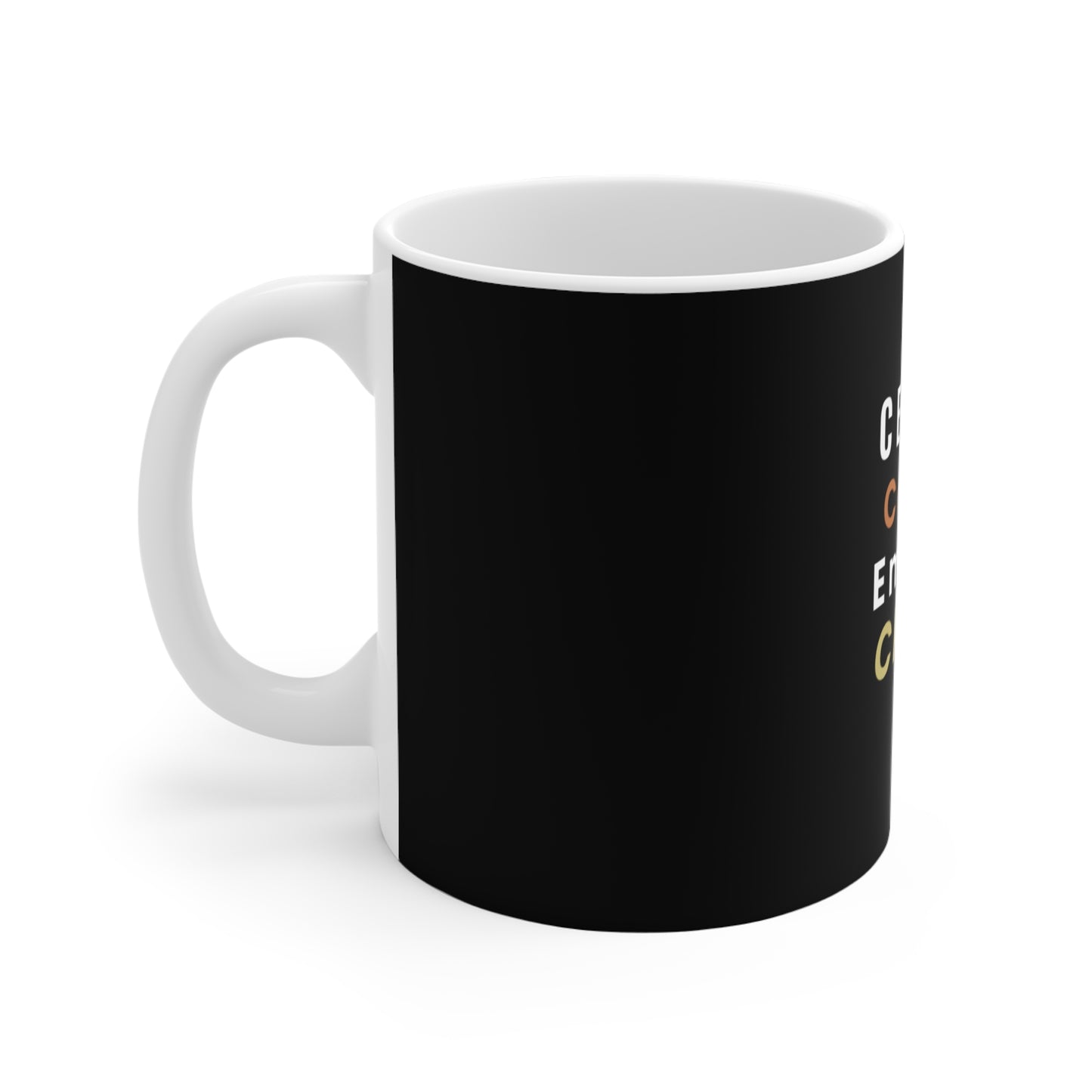 Left side view of black mug with white interior and handle on a white background