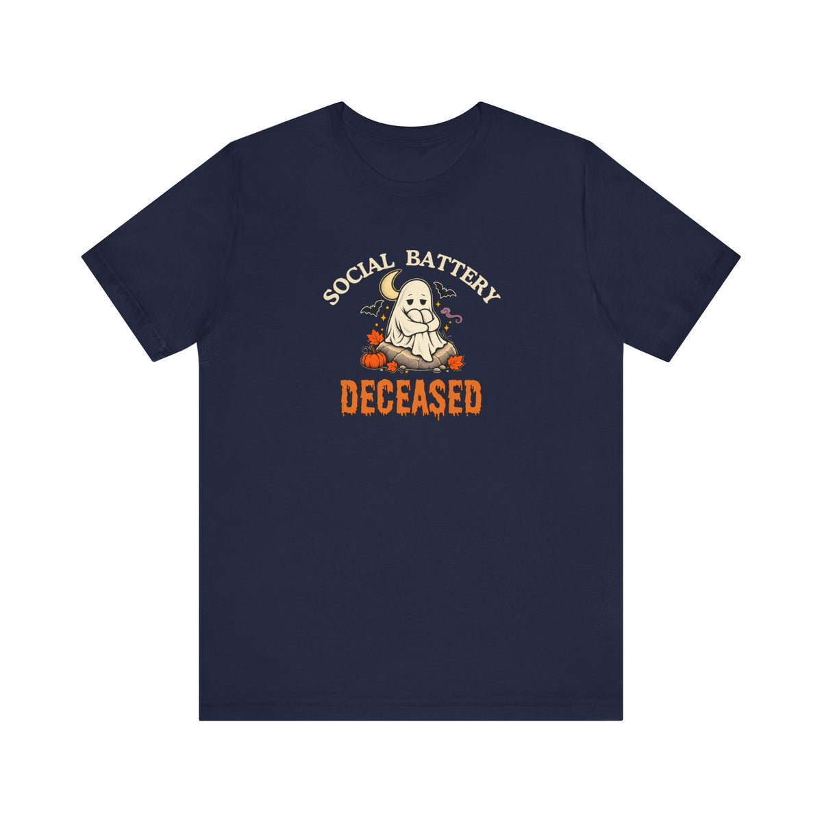 A navy t-shirt featuring a 'Social Battery: Deceased' graphic with a ghost and pumpkins