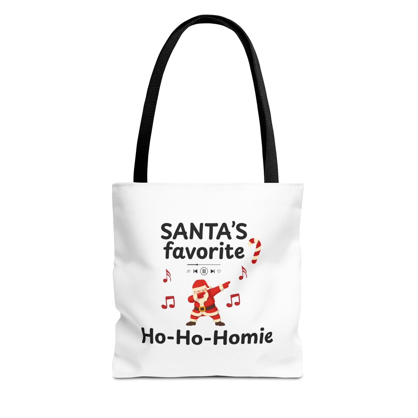 White tote bag with black handle featuring the text 'Santa's Favorite Ho-Ho-Homie' on a white background
