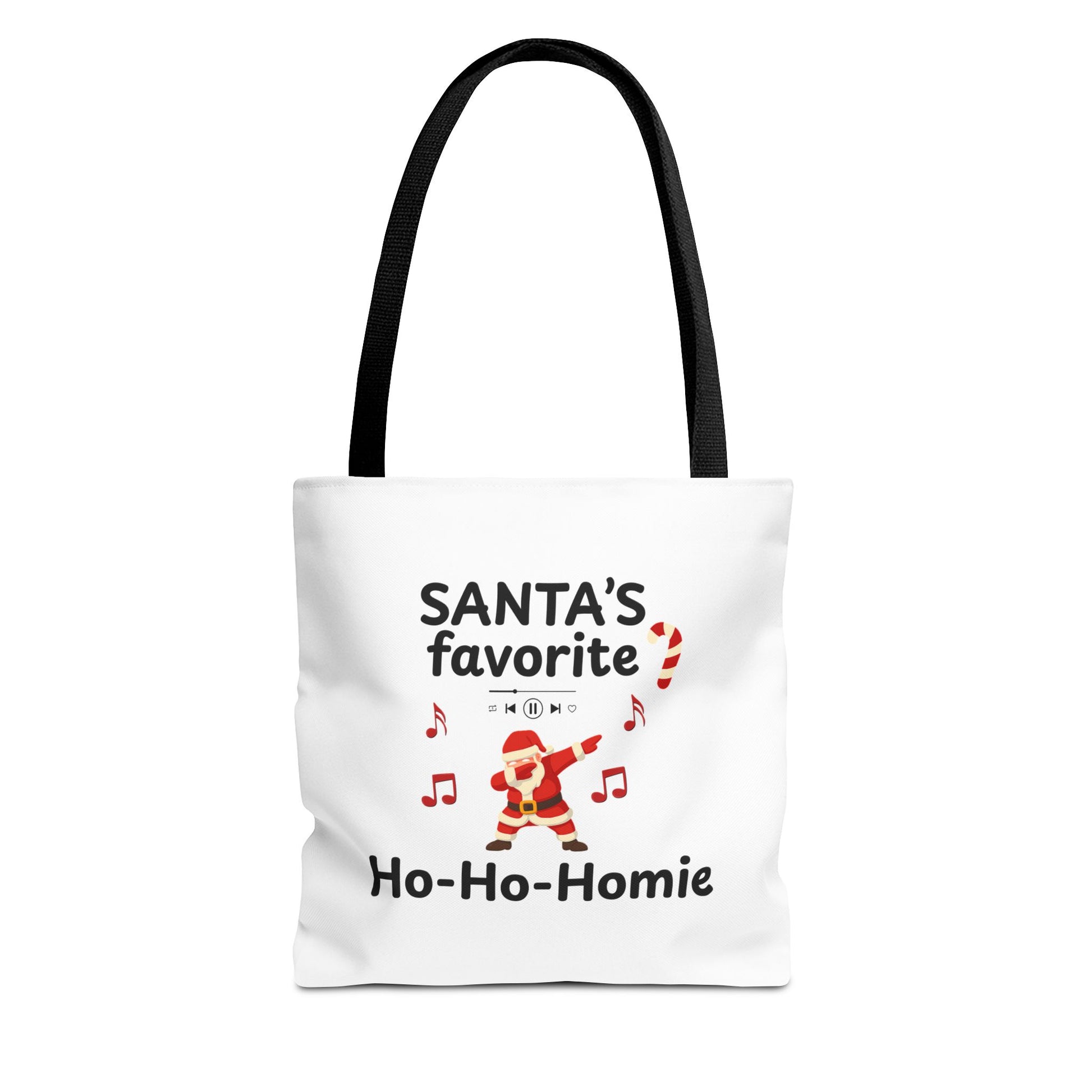 White tote bag with black handle featuring the text 'Santa's Favorite Ho-Ho-Homie' on a white background