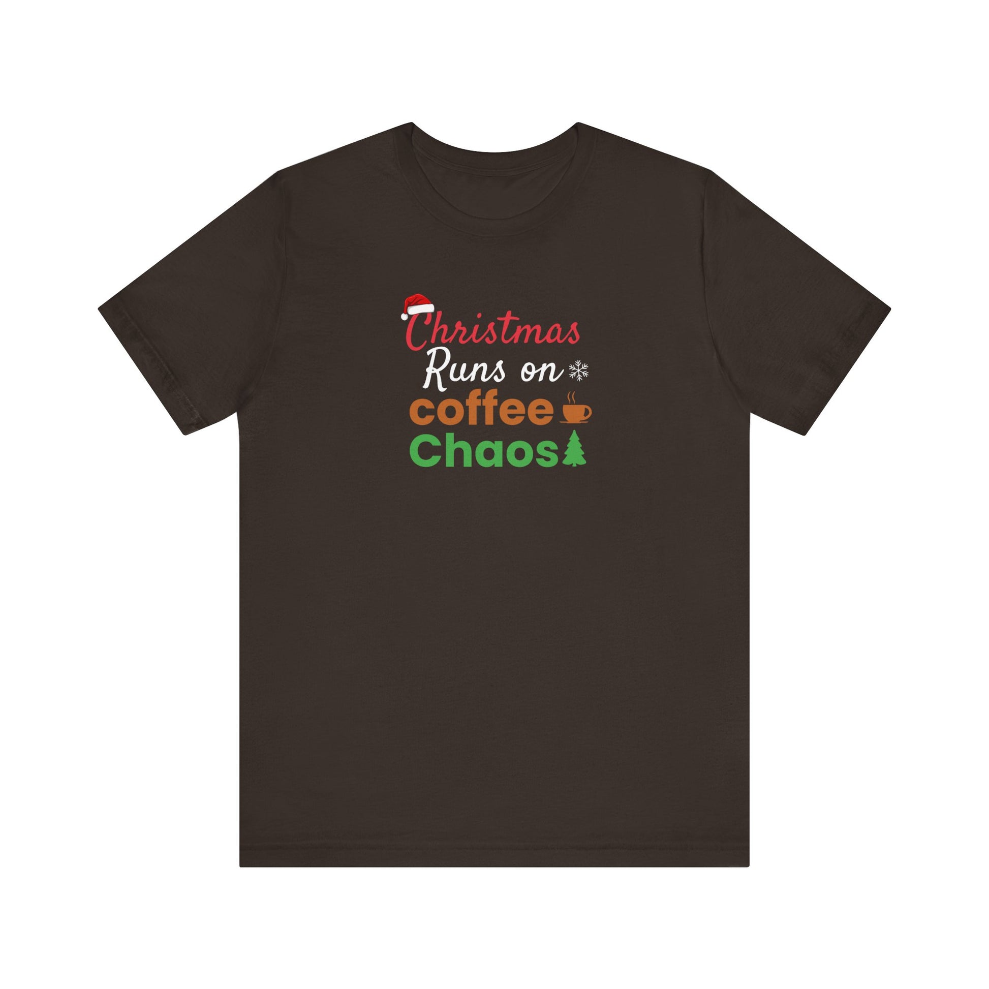 Brown t-shirt with Christmas-themed text design on a white background