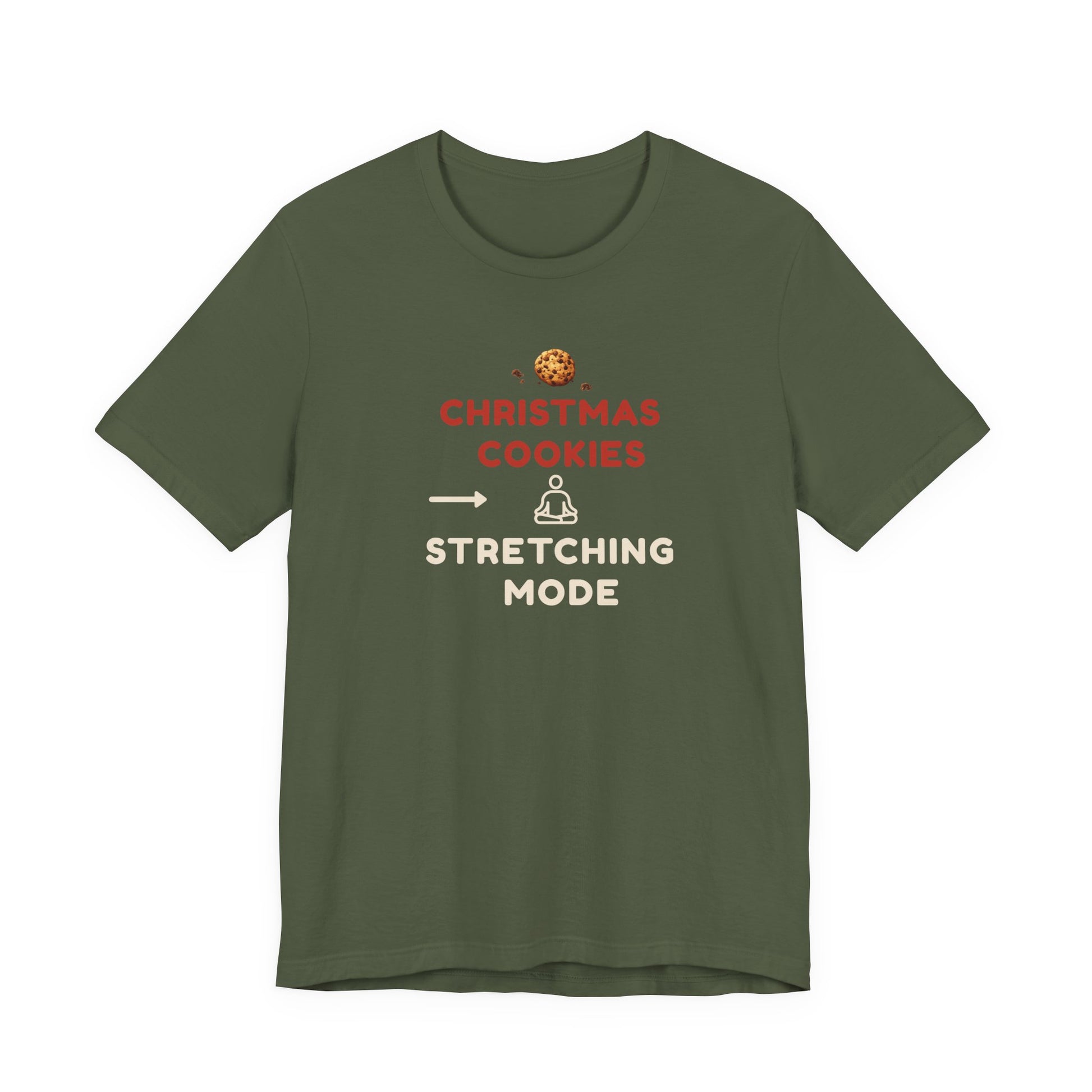Green t-shirt with text 'Christmas Cookies, Stretching Mode' on a white background