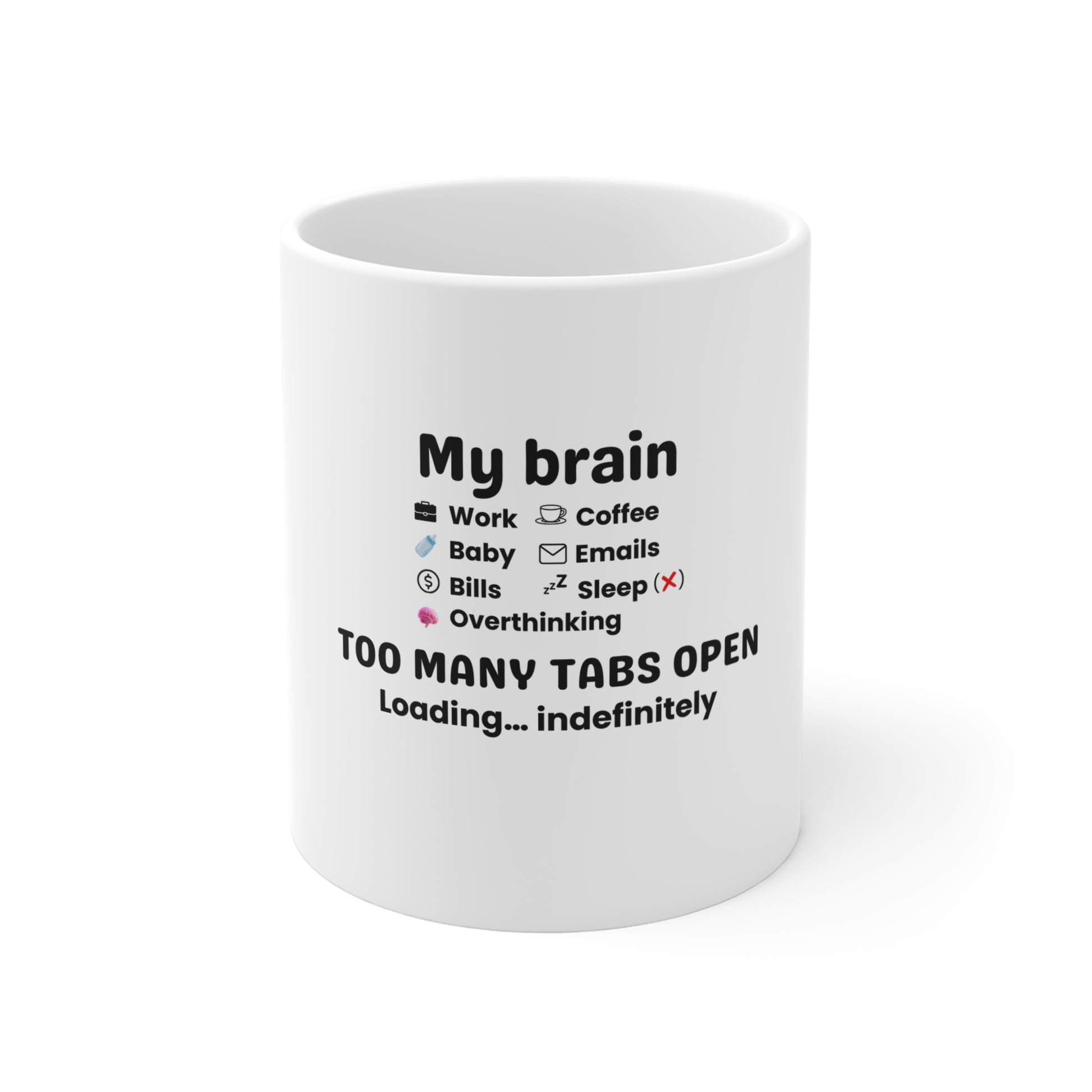 White mug with humorous text 'My Brain Has Too Many Tabs Open. Loading… indefinitely.' on a white background