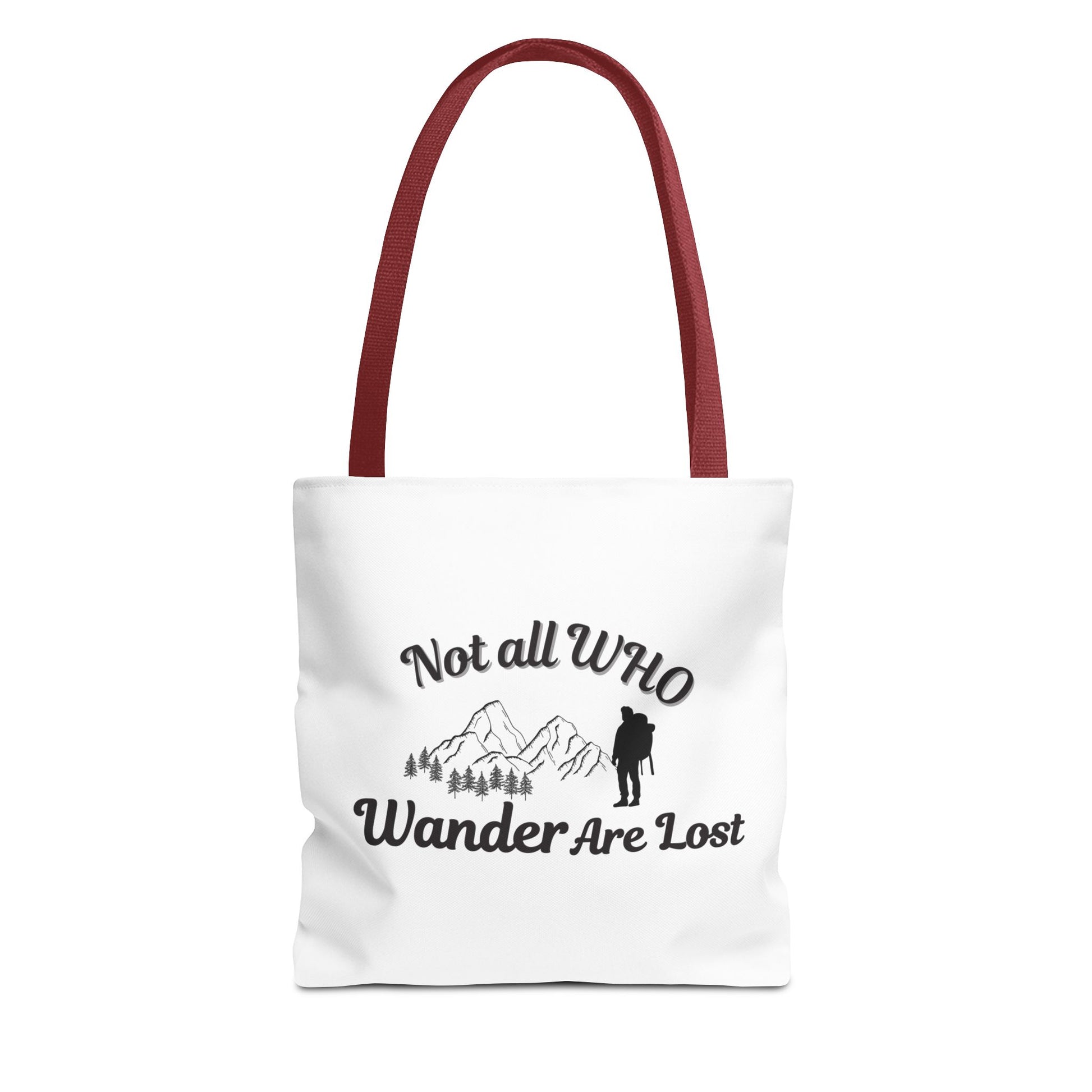 White tote bag with red handle and text 'Not all who wander are lost' and graphics on a white background