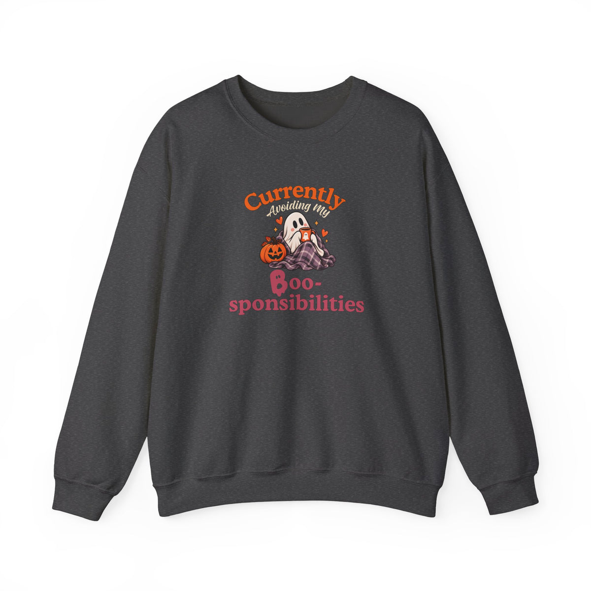 A dark gray sweatshirt featuring a 'Currently Avoiding My Boo-sponsibilities' graphic in orange and pink text, accompanied by a ghost, pumpkin.
