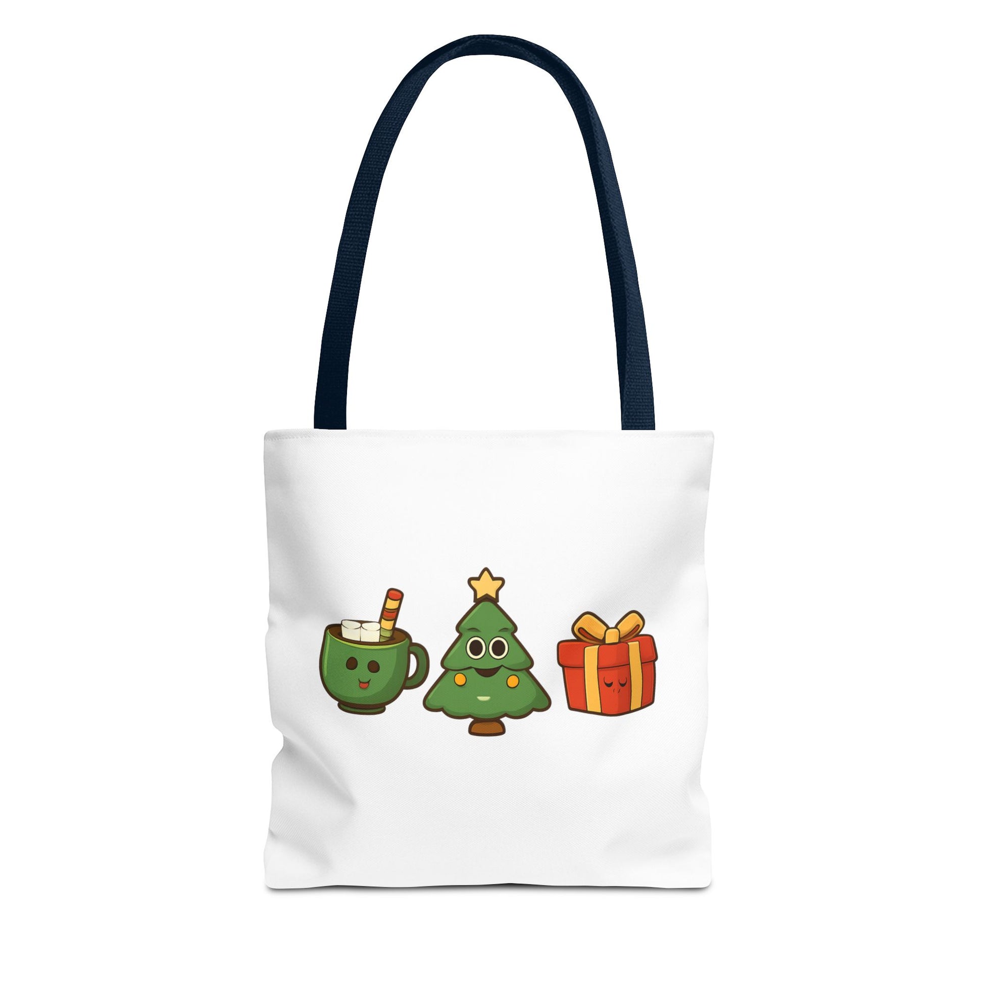 Tote bag with navy handle and Christmas-themed illustrations on a white background