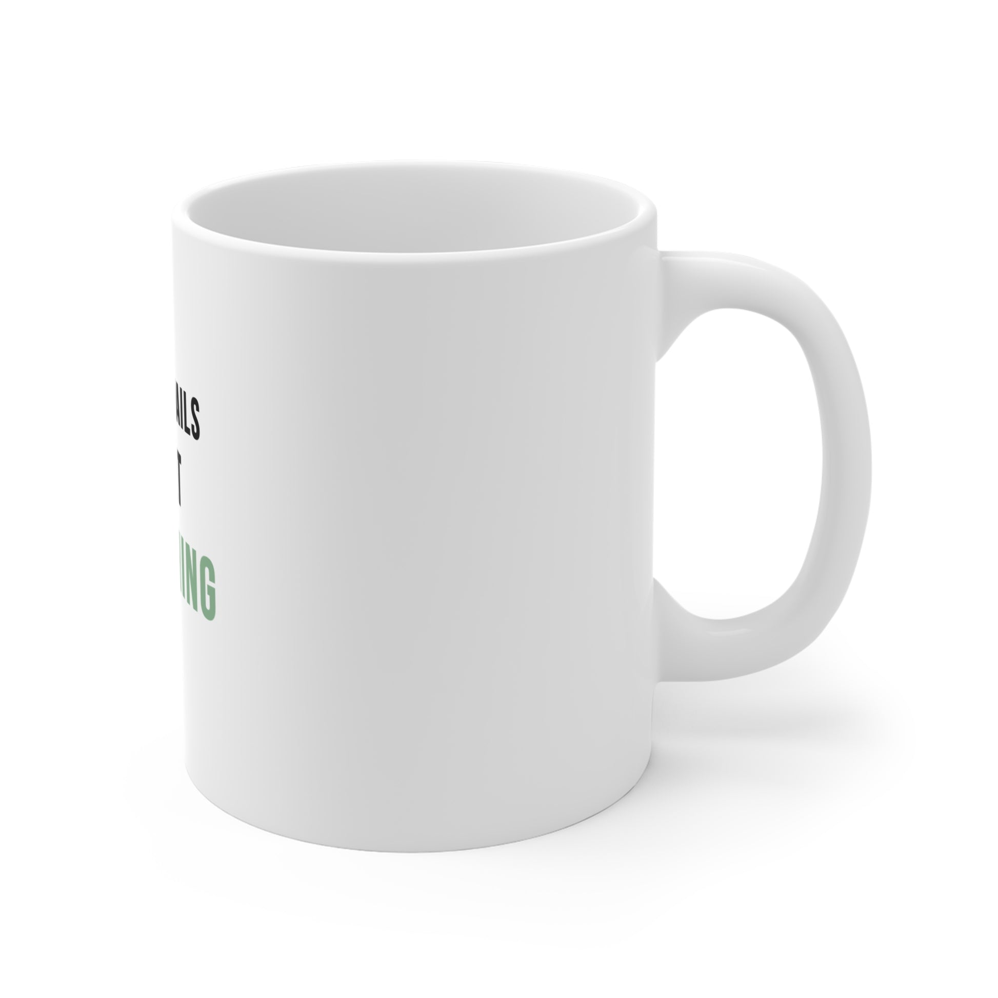 Right side view of a white mug with text 'Pause Emails, Start Breathing' on a white background