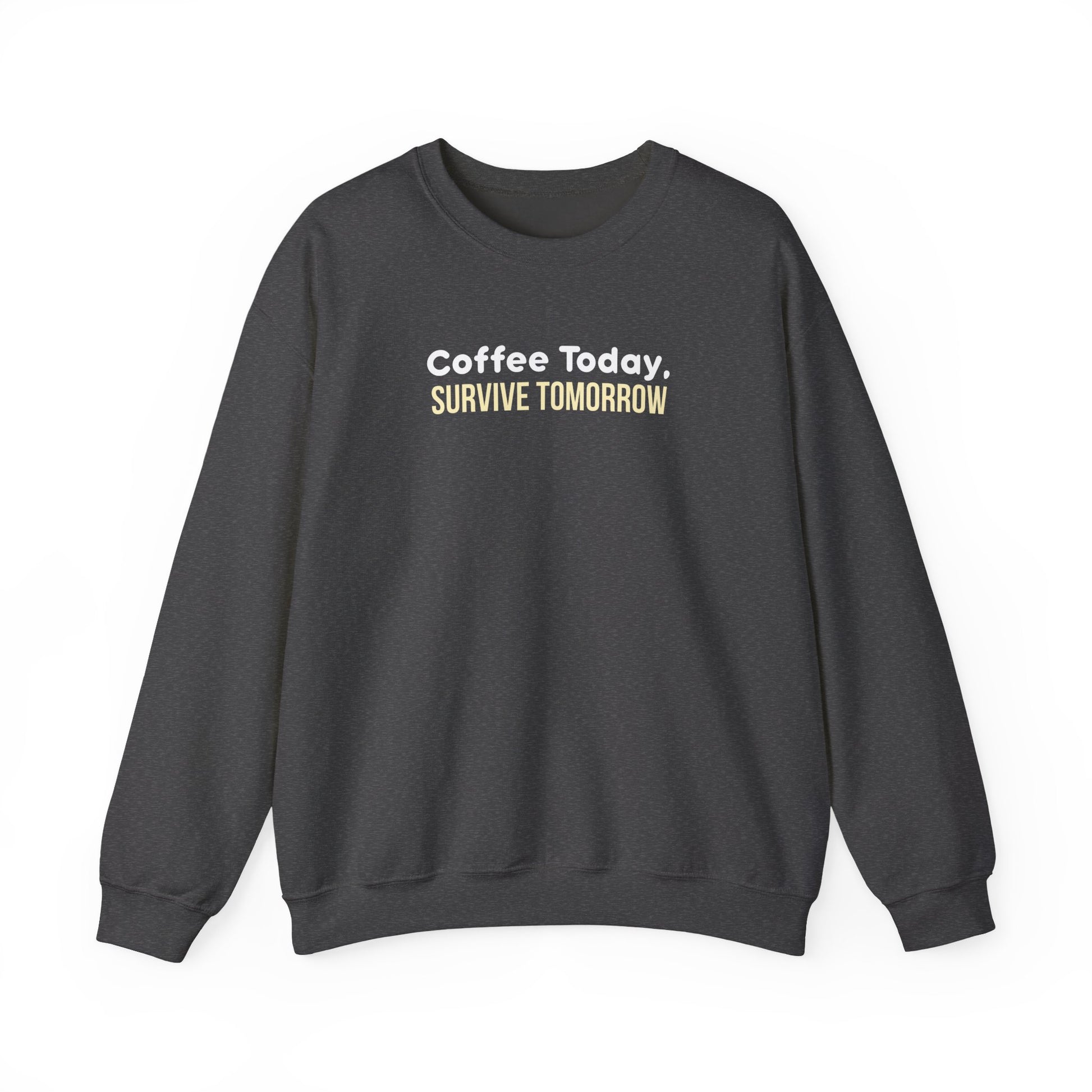 Dark gray sweatshirt with 'Coffee Today, Survive Tomorrow' text on a white background