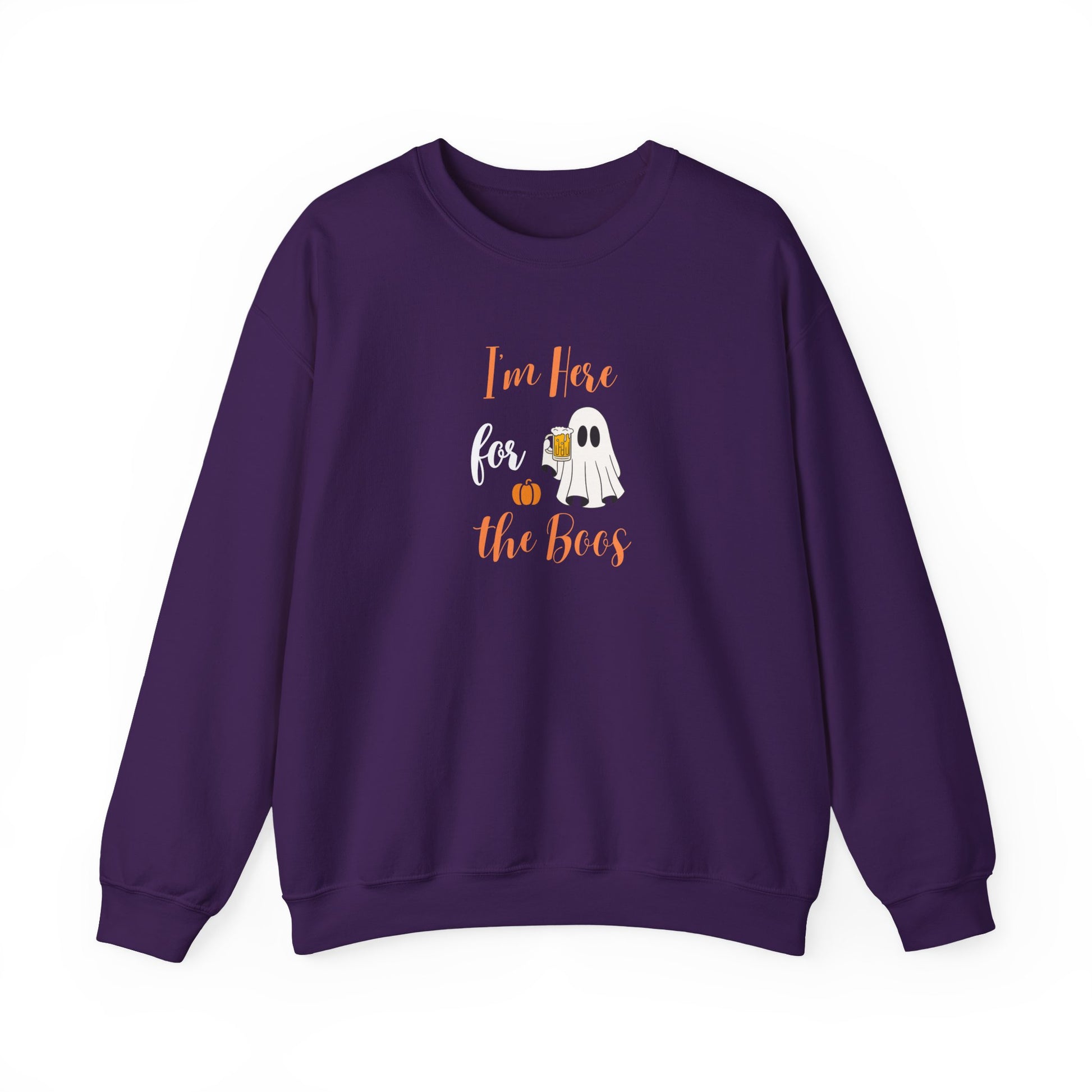 Purple sweatshirt with text 'I’m Here for the Boos' on a white background