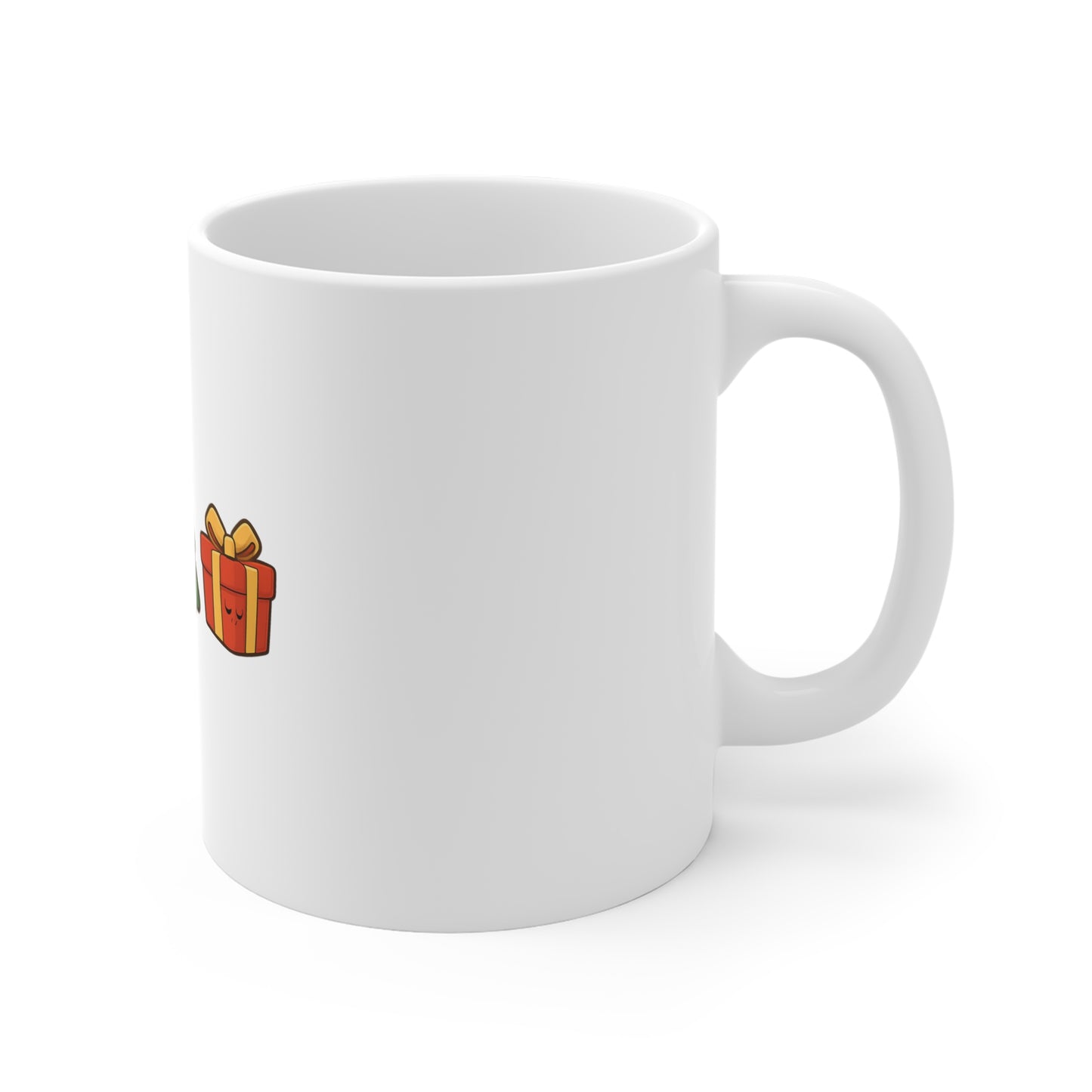 Right side of white mug with a small graphic of a gift box on a white background