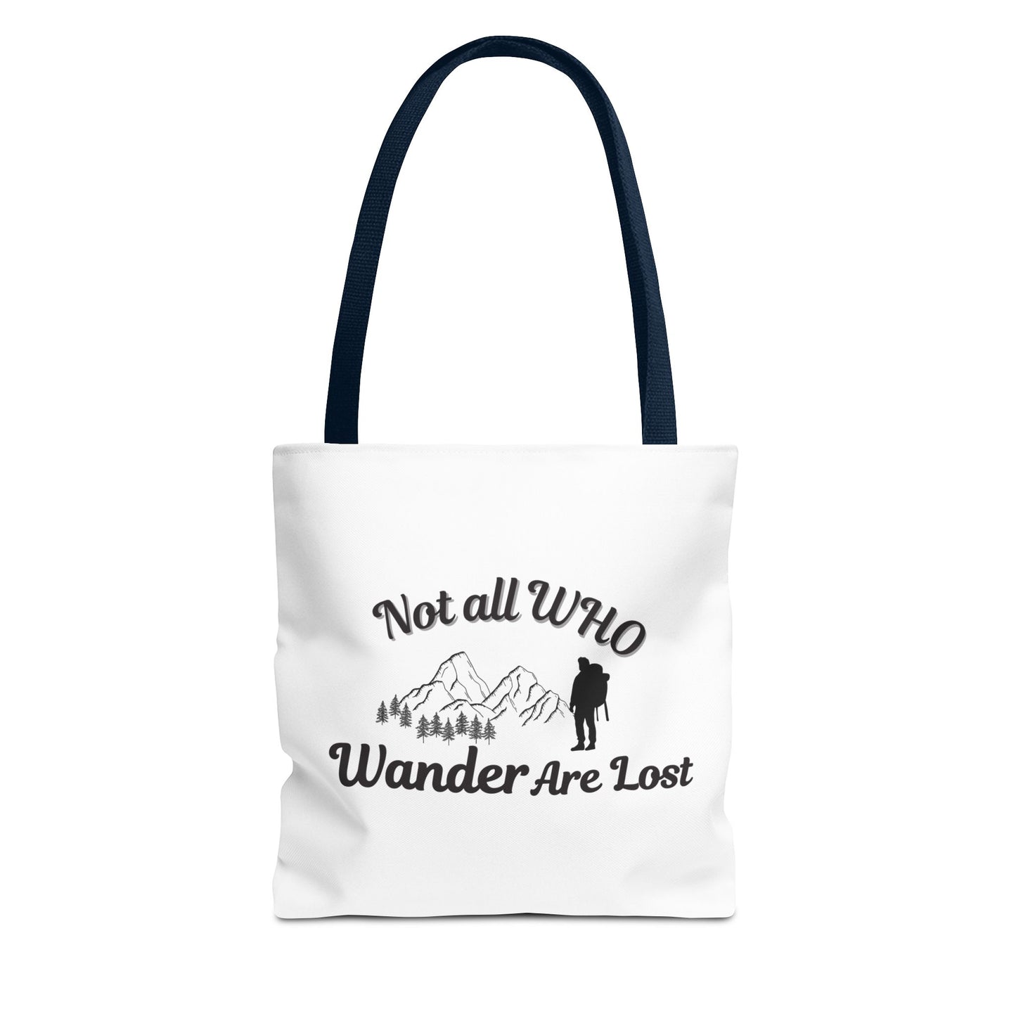 White tote bag with navy handle and text 'Not all who wander are lost' and graphics on a white background