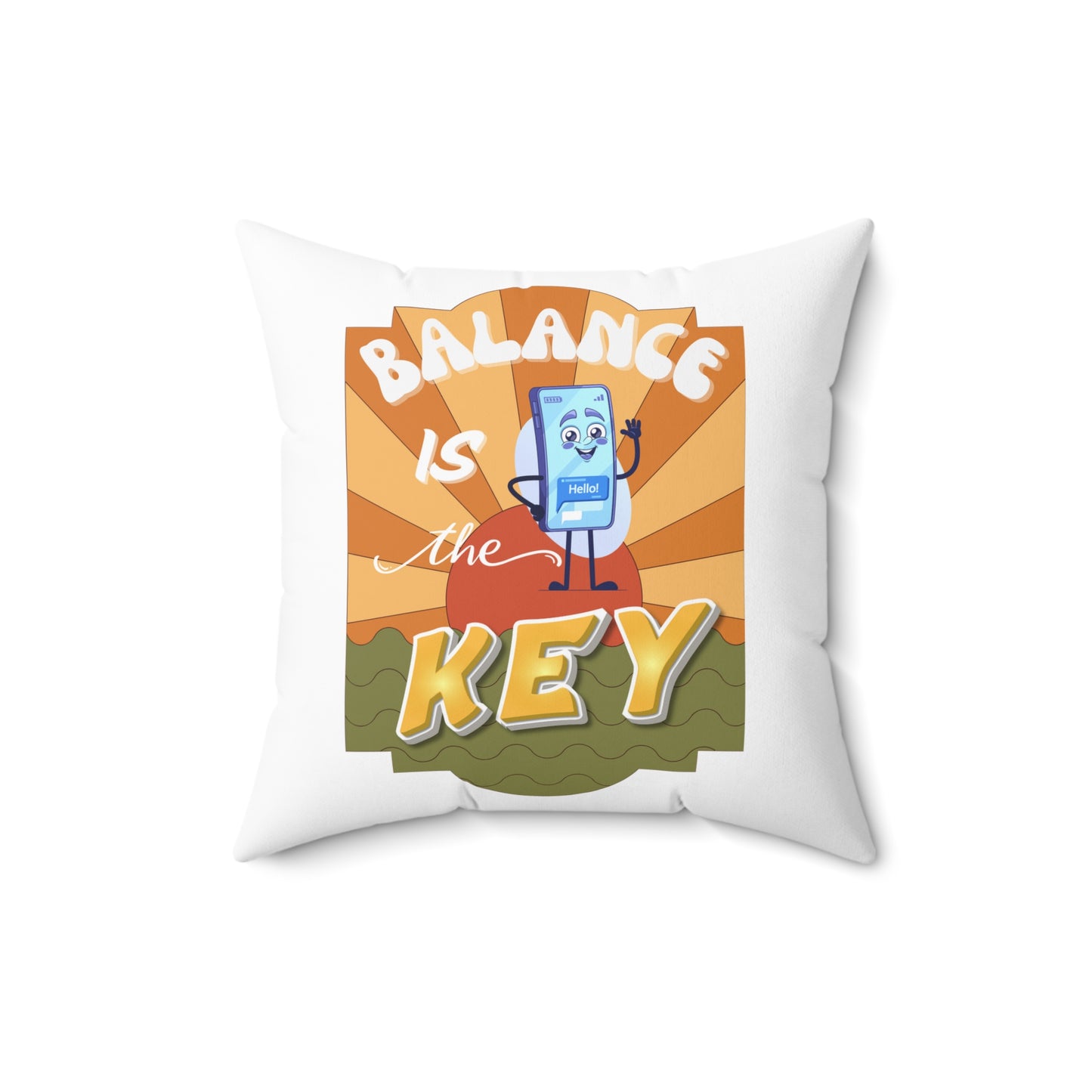 Pillow with cartoon character and 'Balance is the Key' text on a white background