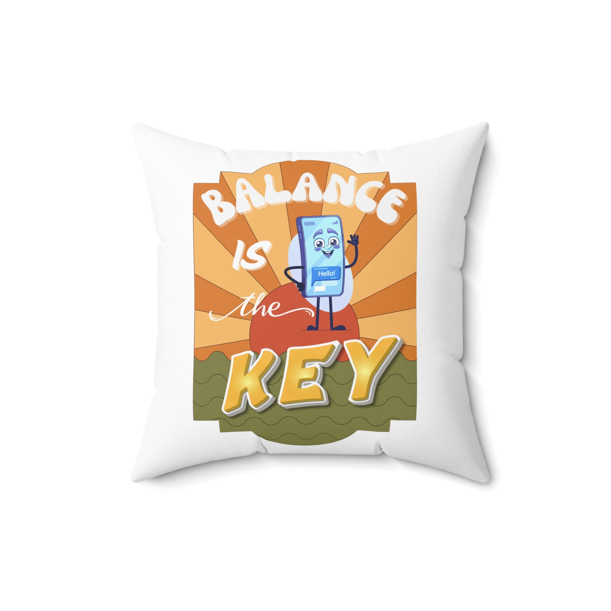 Pillow with cartoon character and 'Balance is the Key' text on a white background