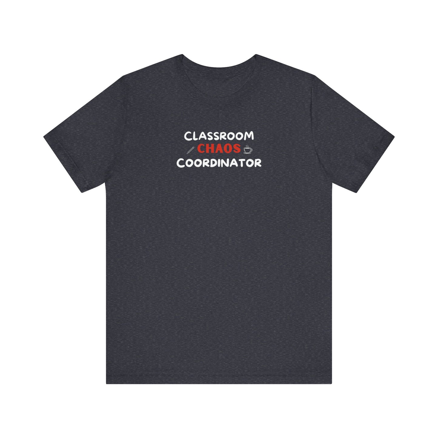 Heather navy t-shirt with text 'Classroom Chaos Coordinator' on a white background