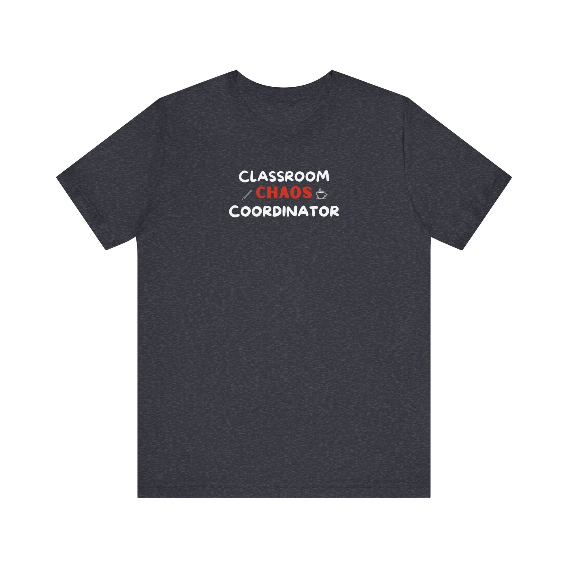 Heather navy t-shirt with text 'Classroom Chaos Coordinator' on a white background