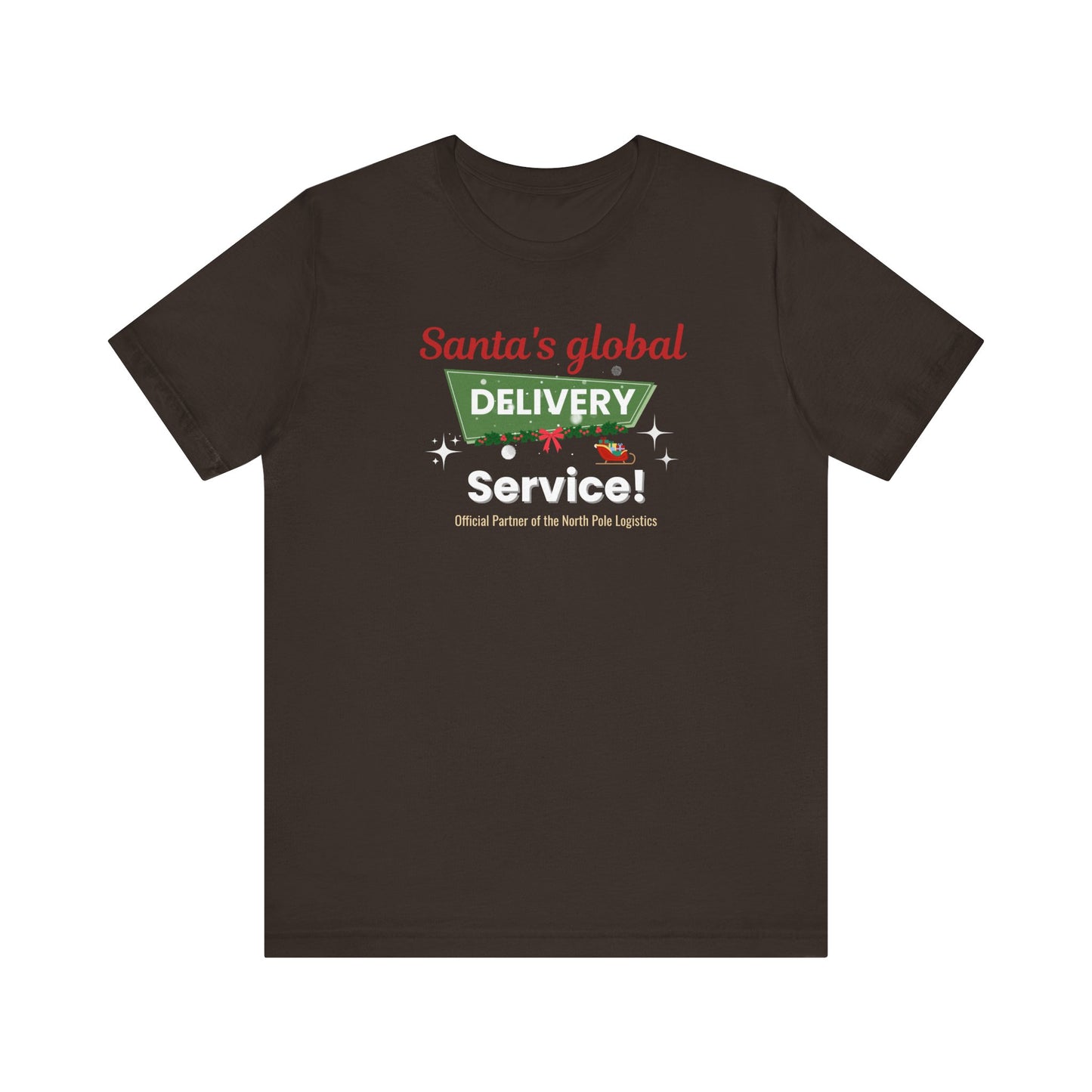 Brown t-shirt with 'Santa's global delivery service' text and graphics on a white background