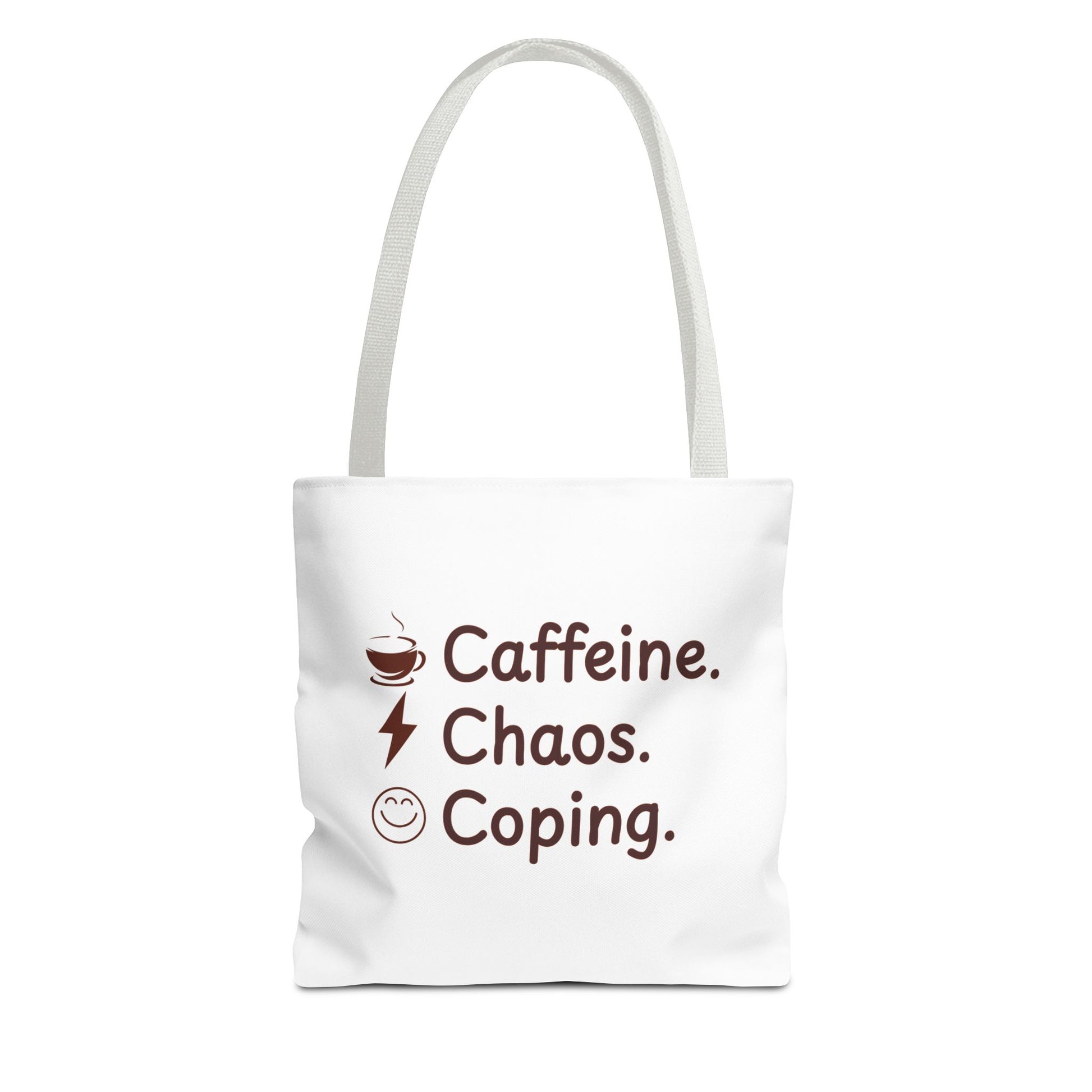 White tote bag with white handle and text 'Caffeine. Chaos. Coping.' on a white background