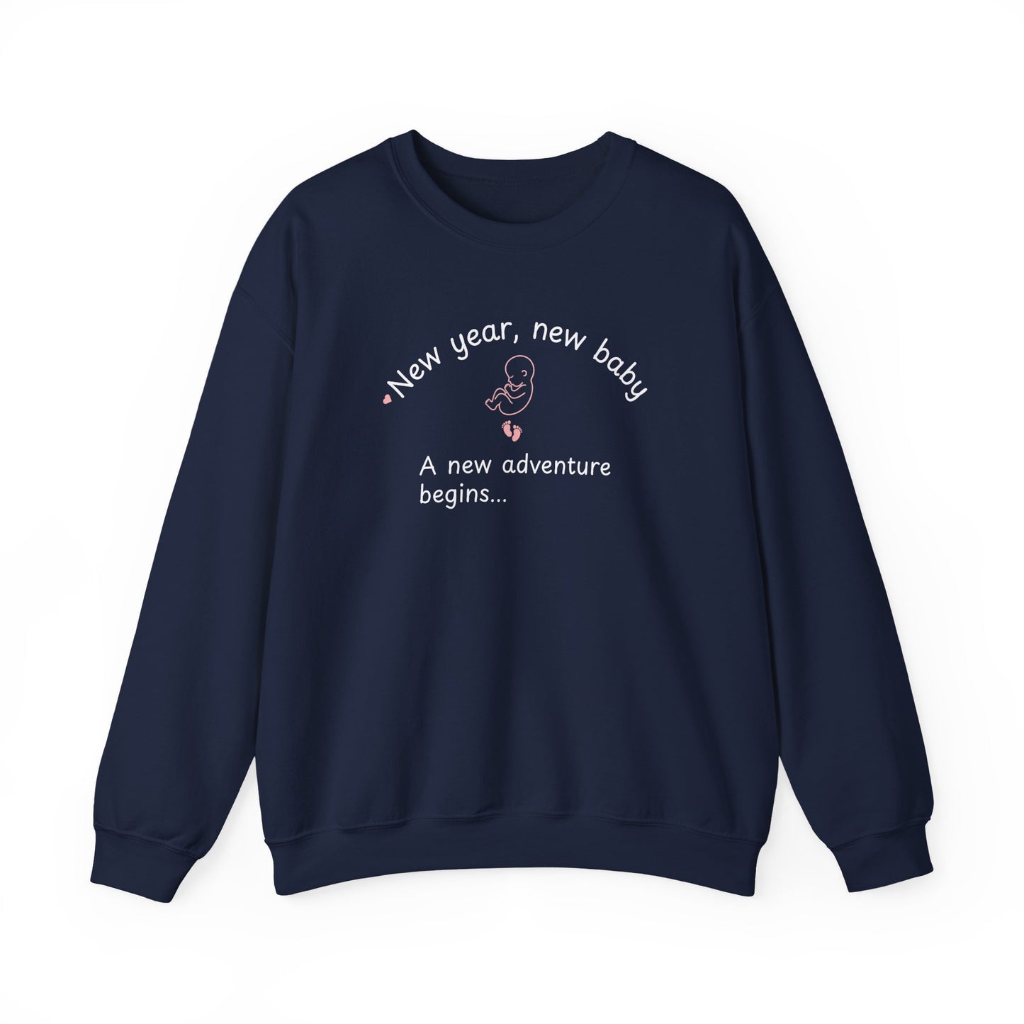 navy sweatshirt featuring the text 'New year, new baby. A new adventure begins...' on the white background