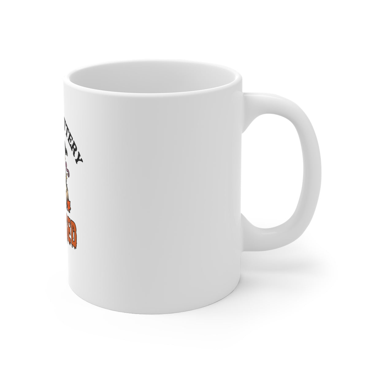 Right side of a white ceramic mug featuring a 'Social Battery: Deceased' graphic with a ghost sitting on a rock