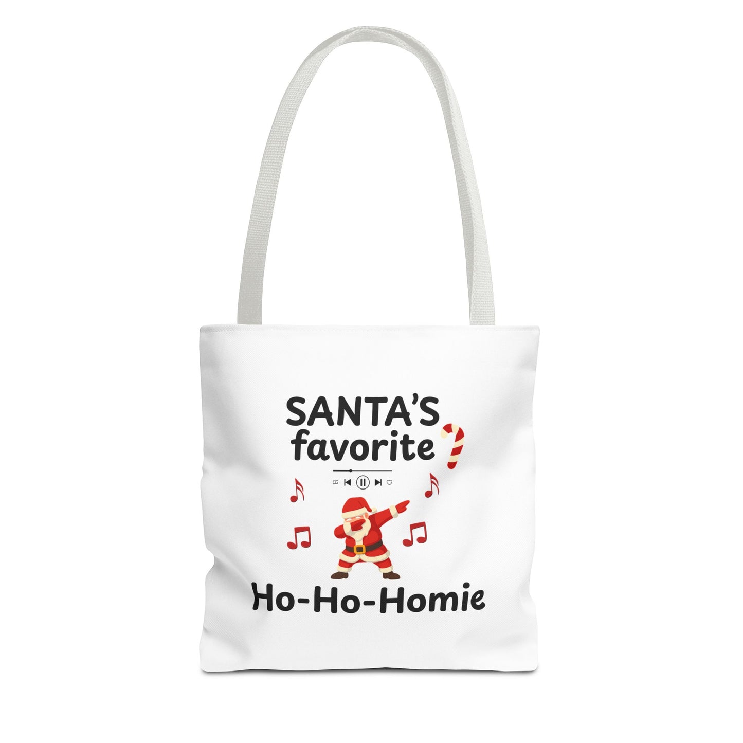 White tote bag with white handle featuring the text 'Santa's Favorite Ho-Ho-Homie' on a white background
