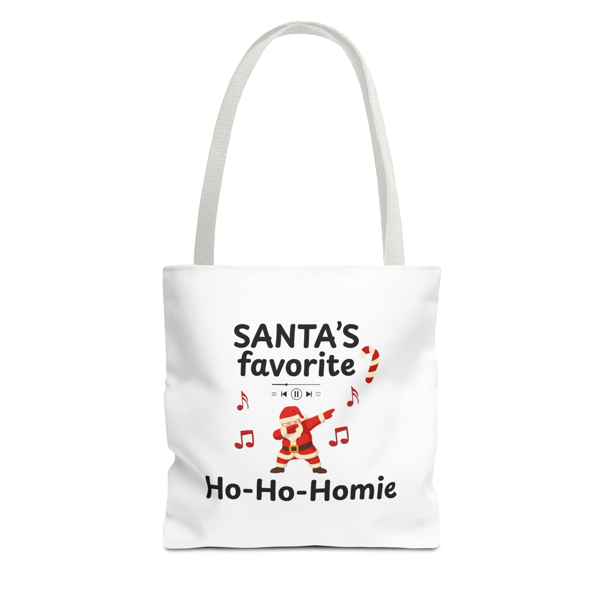 White tote bag with white handle featuring the text 'Santa's Favorite Ho-Ho-Homie' on a white background