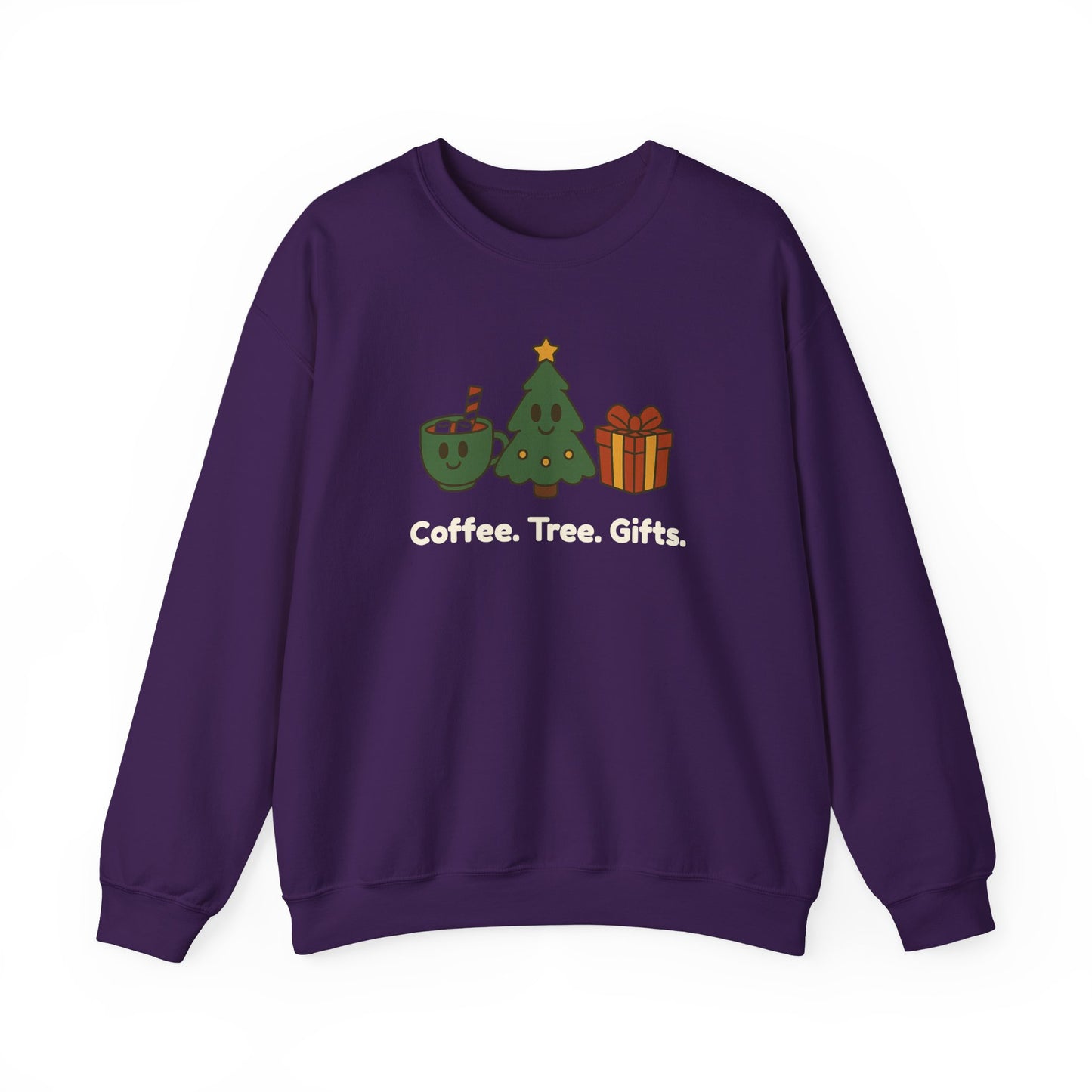 Purple sweatshirt with Christmas-themed graphics and text on a white background