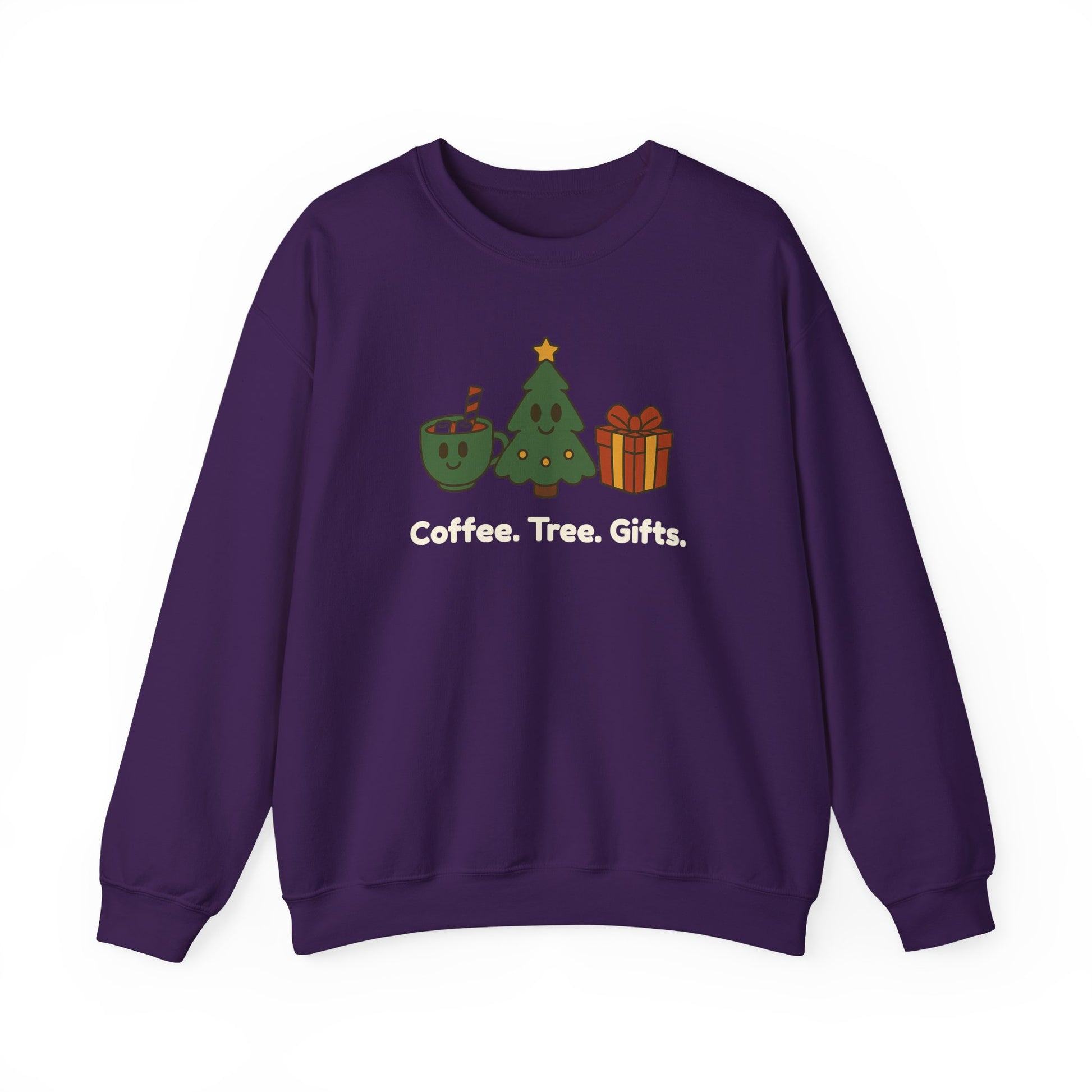 Purple sweatshirt with Christmas-themed graphics and text on a white background