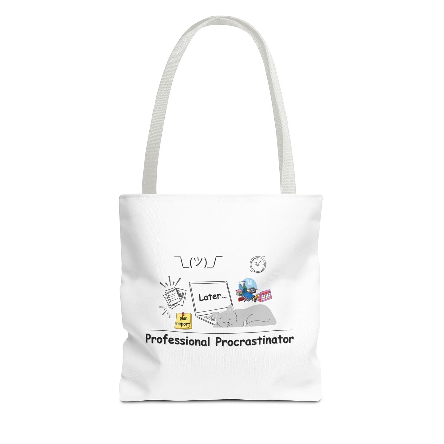 Professional procrastination tote bag design with white handle