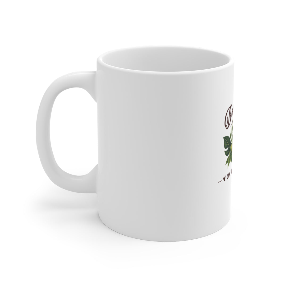 Left side of a white ceramic coffee mug featuring the text 'Bookworm ON A COFFEE BREAK'.