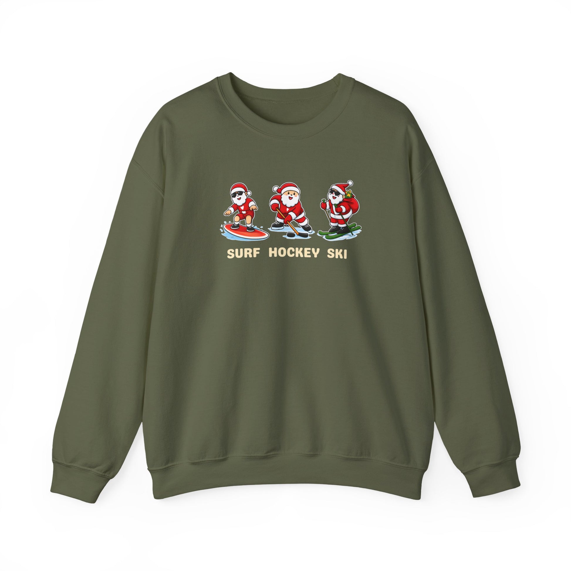 Green sweatshirt with Santa Claus graphics and 'Surf Hockey Ski' text on a white background