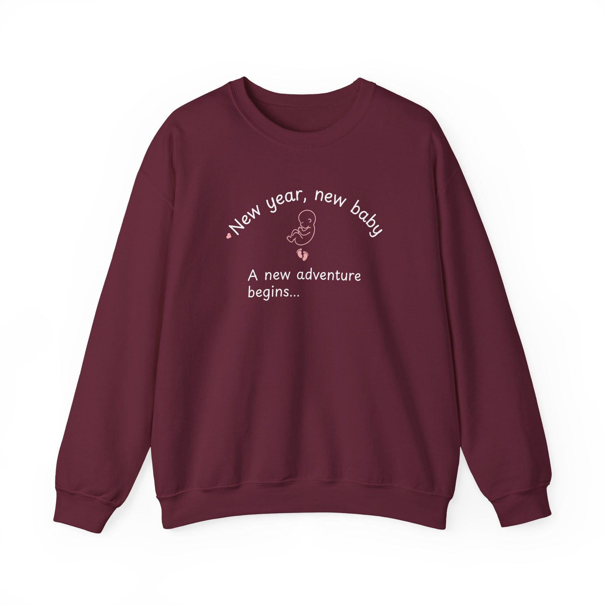 Maroon sweatshirt featuring the text 'New year, new baby. A new adventure begins...' on the white background