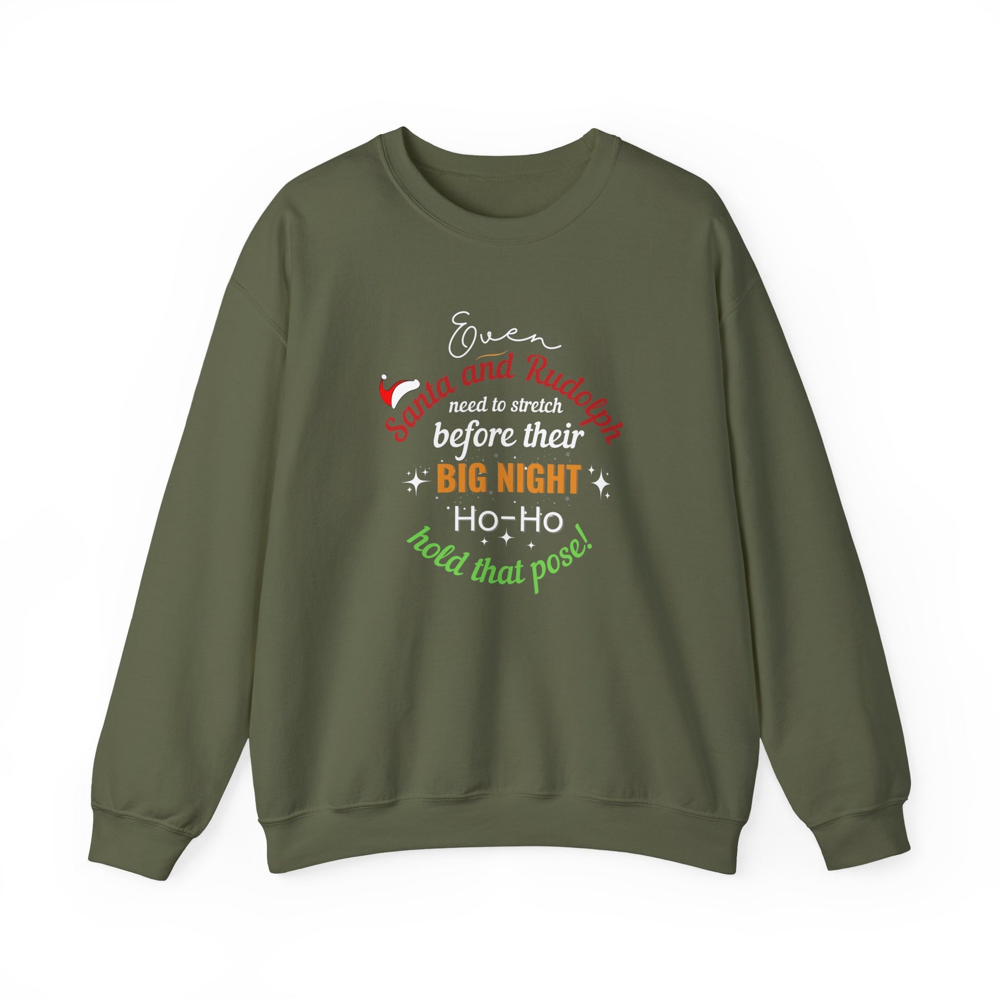Green sweatshirt with Christmas-themed text on a white background