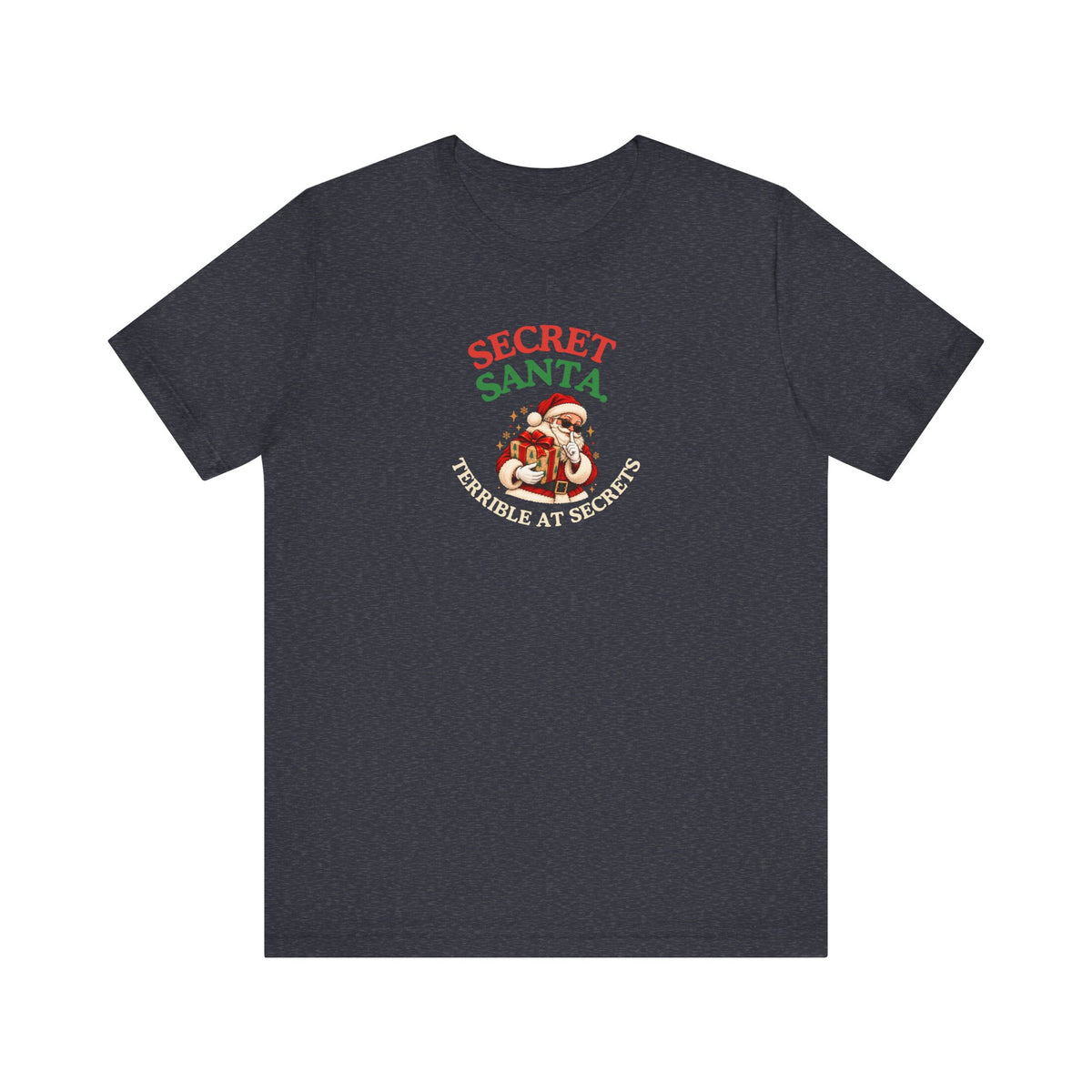 heather navy t-shirt featuring the “Secret Santa. Terrible at Secrets.” design on a white background