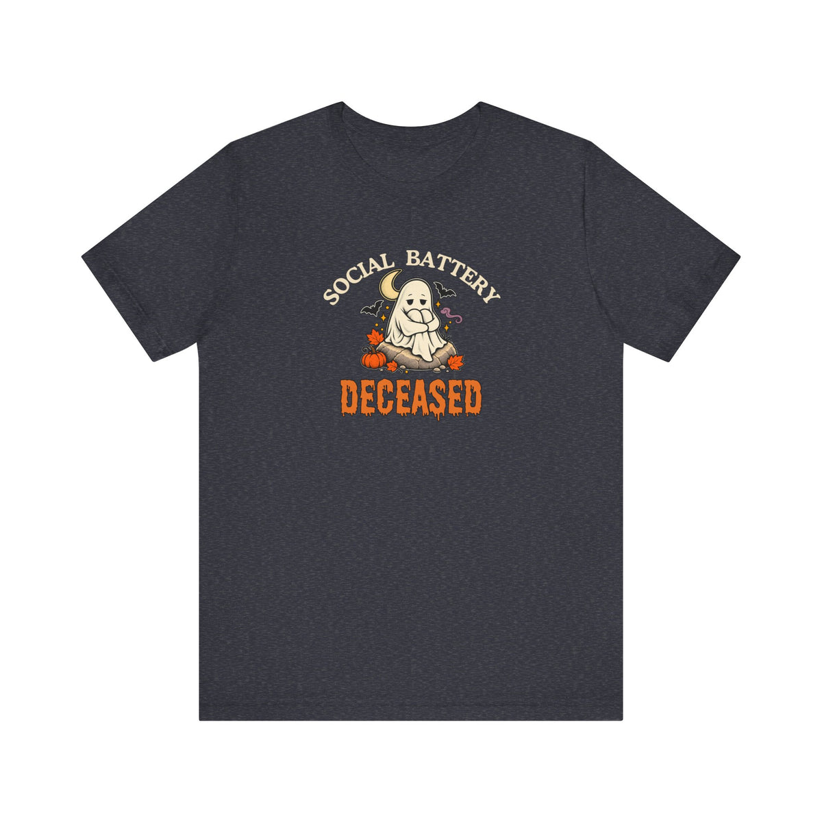A heather navy t-shirt featuring a 'Social Battery: Deceased' graphic with a ghost and pumpkins