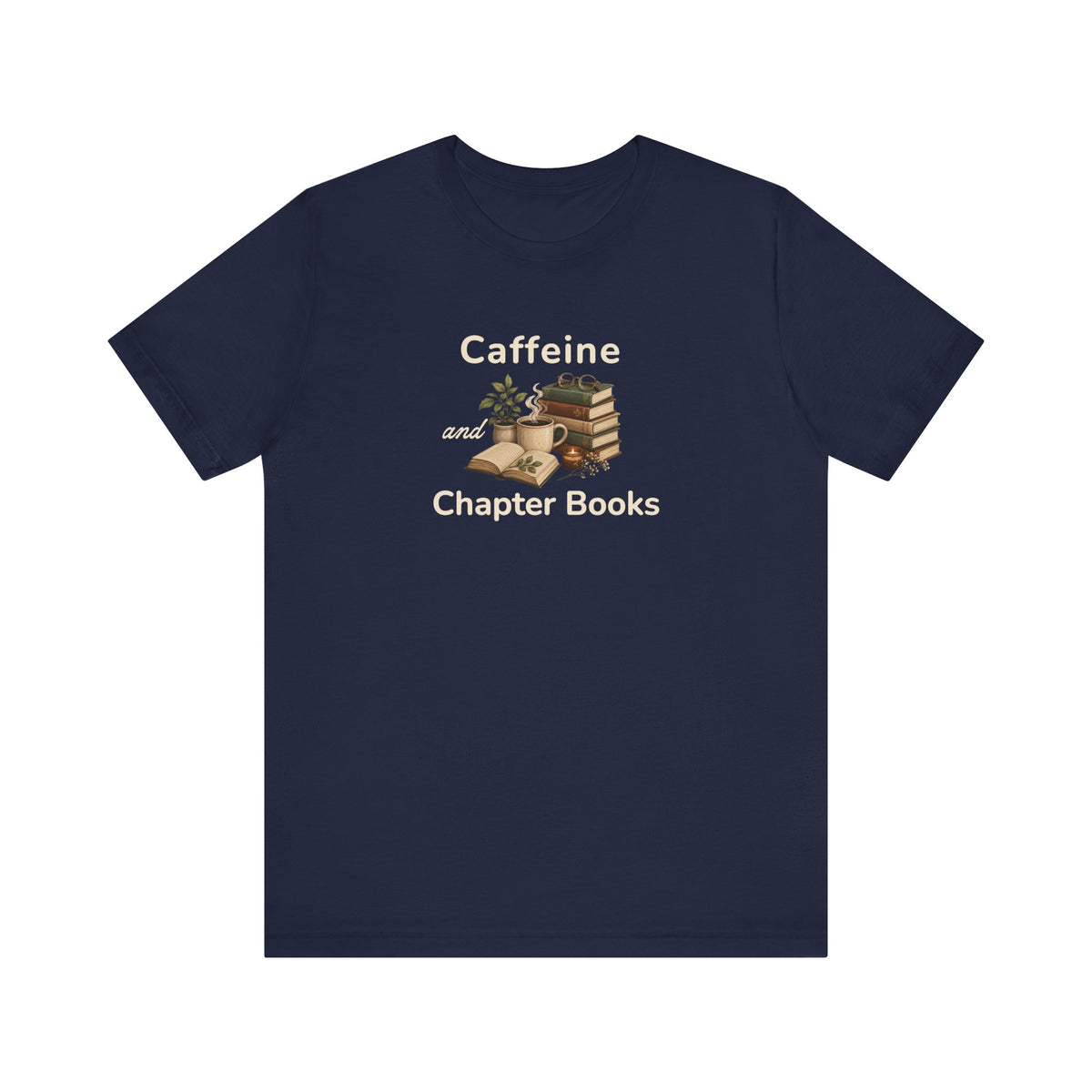 A navy t-shirt with a 'Caffeine and Chapter Books' design on the white background