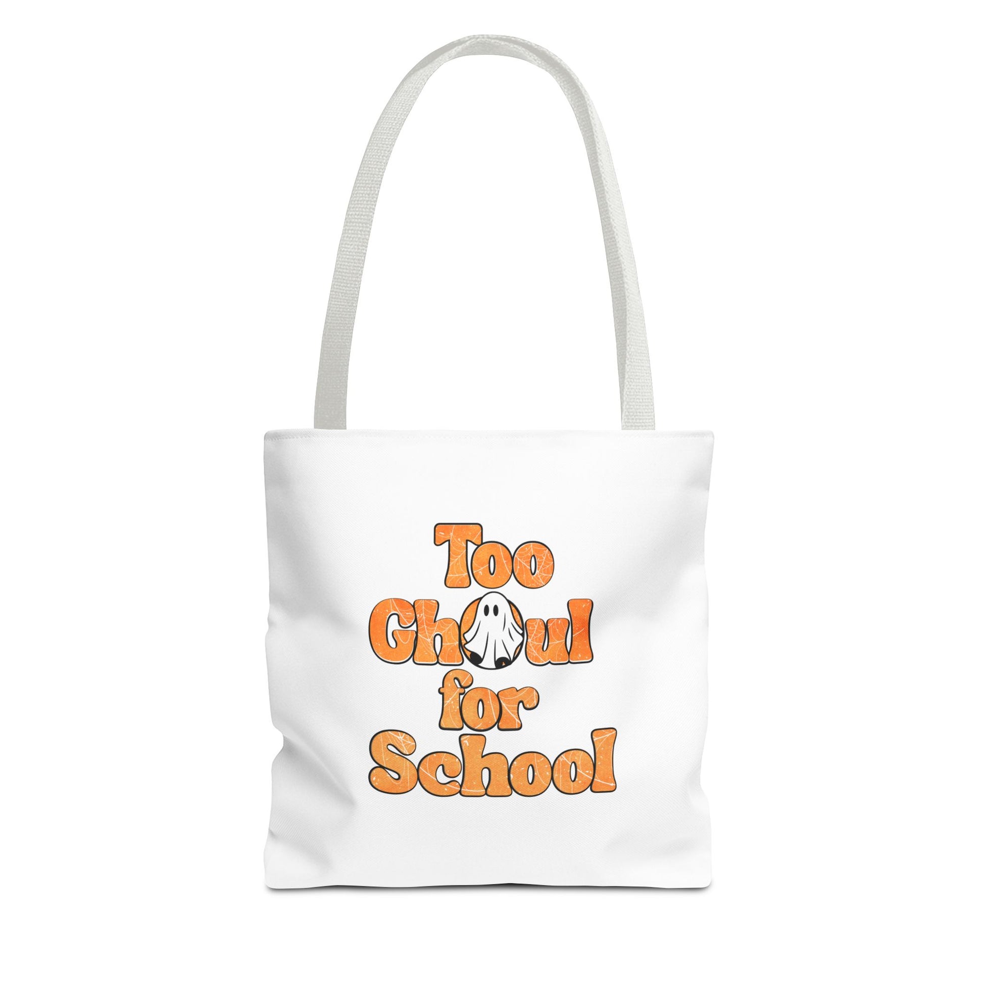 Tote bag with white handle and text 'Too Ghoul for School' on a white background