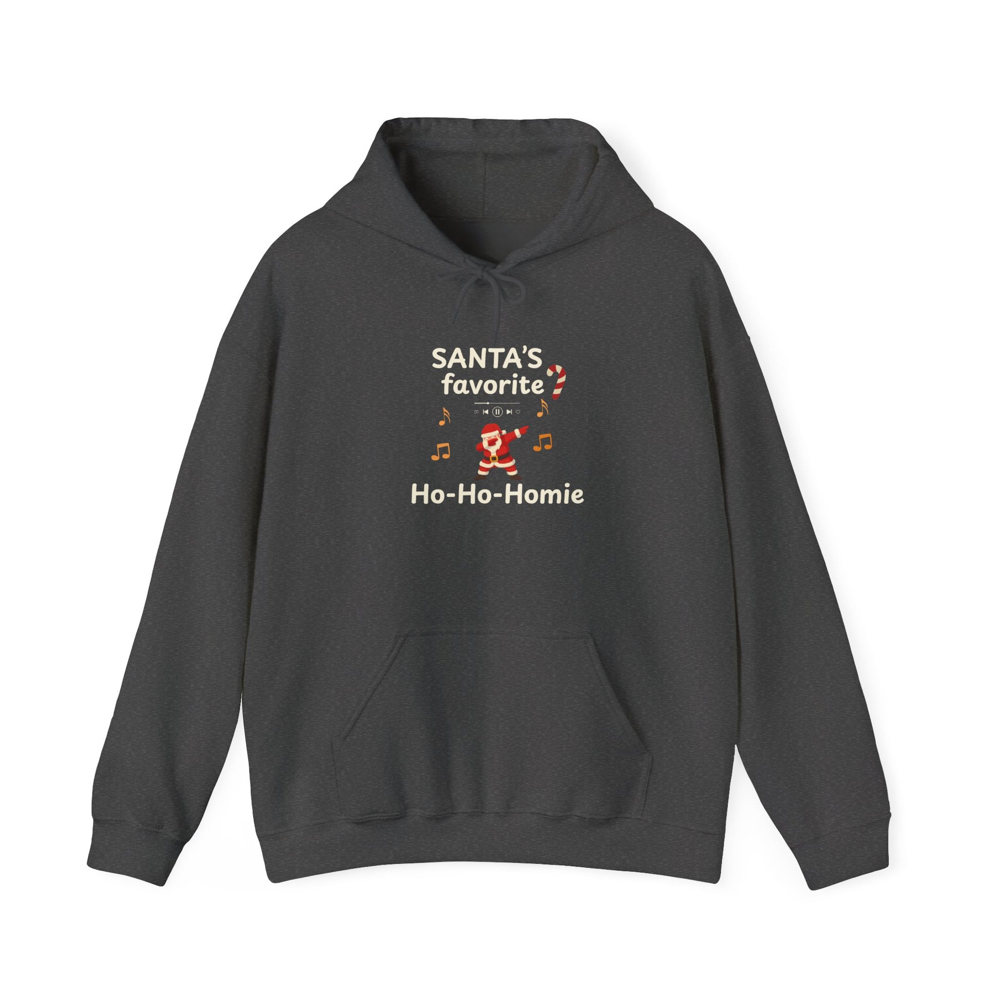 Dark gray hoodie featuring the text 'Santa's Favorite Ho-Ho-Homie' and graphics on a white background