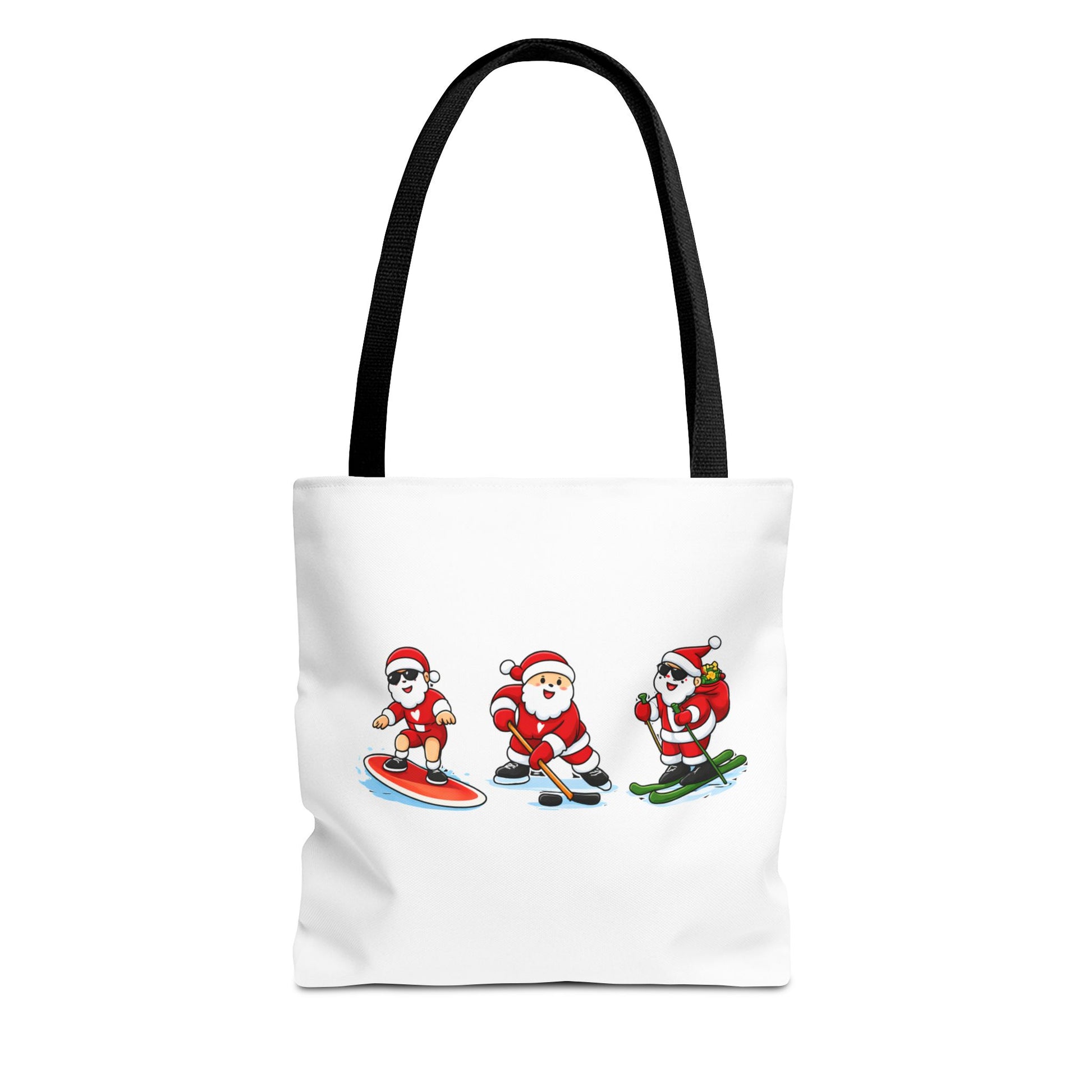 Tote bag with black handle and cartoon Santa Claus designs on a white background